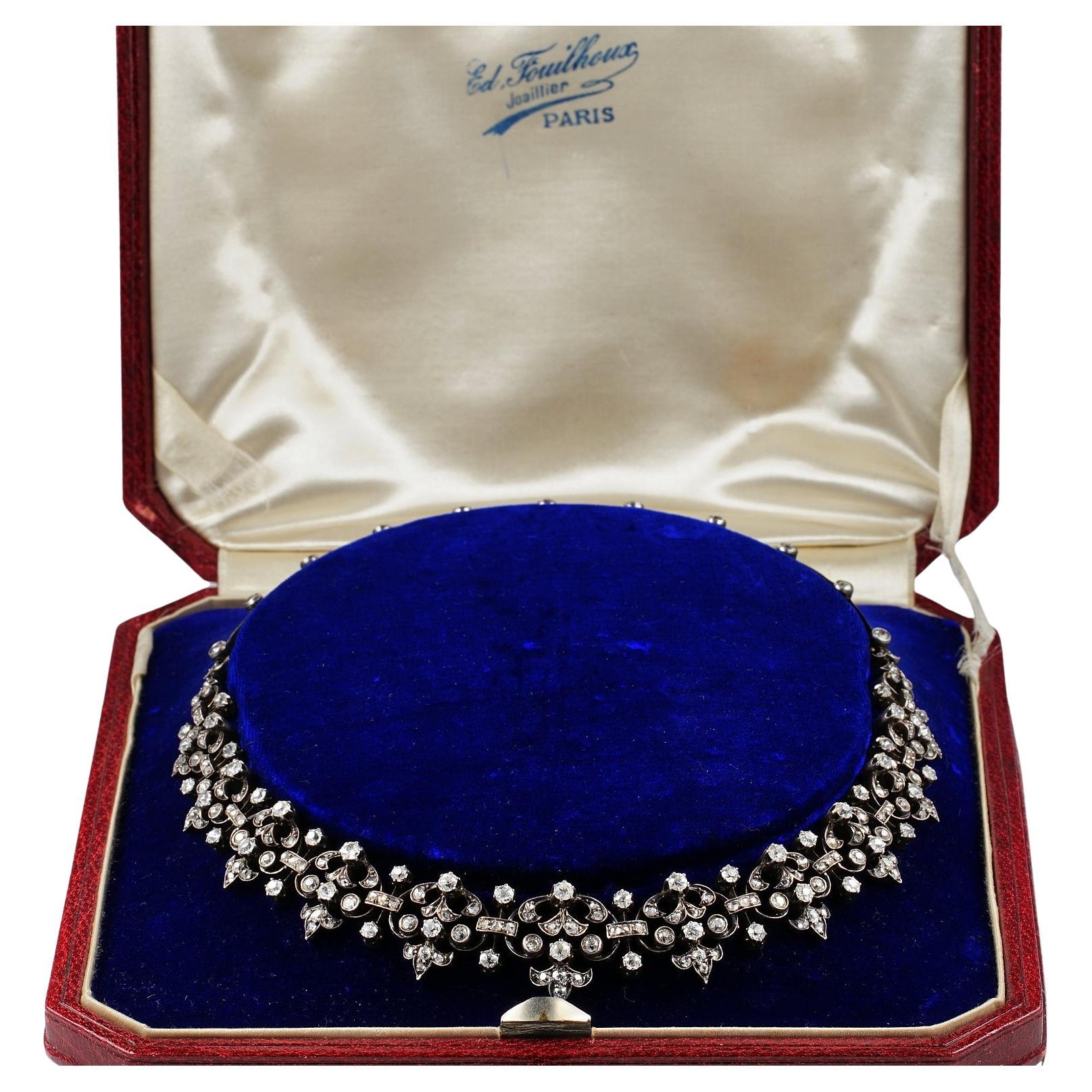 Victorian 12.20 CT Diamond Boxed French necklace bracelet For Sale