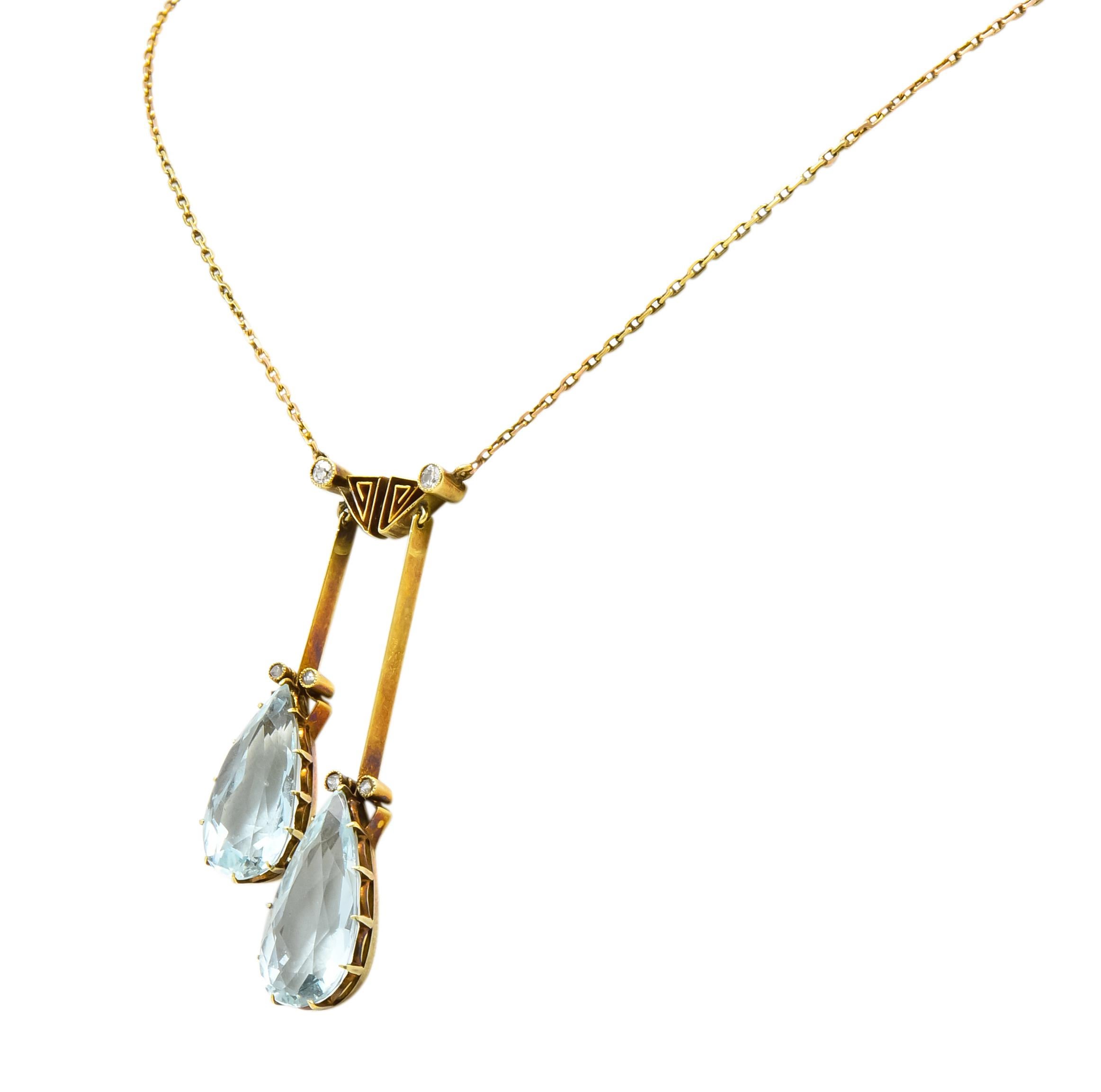 Victorian 12.22 Carat Aquamarine Diamond 14 Karat Gold Double Drop Necklace In Excellent Condition In Philadelphia, PA