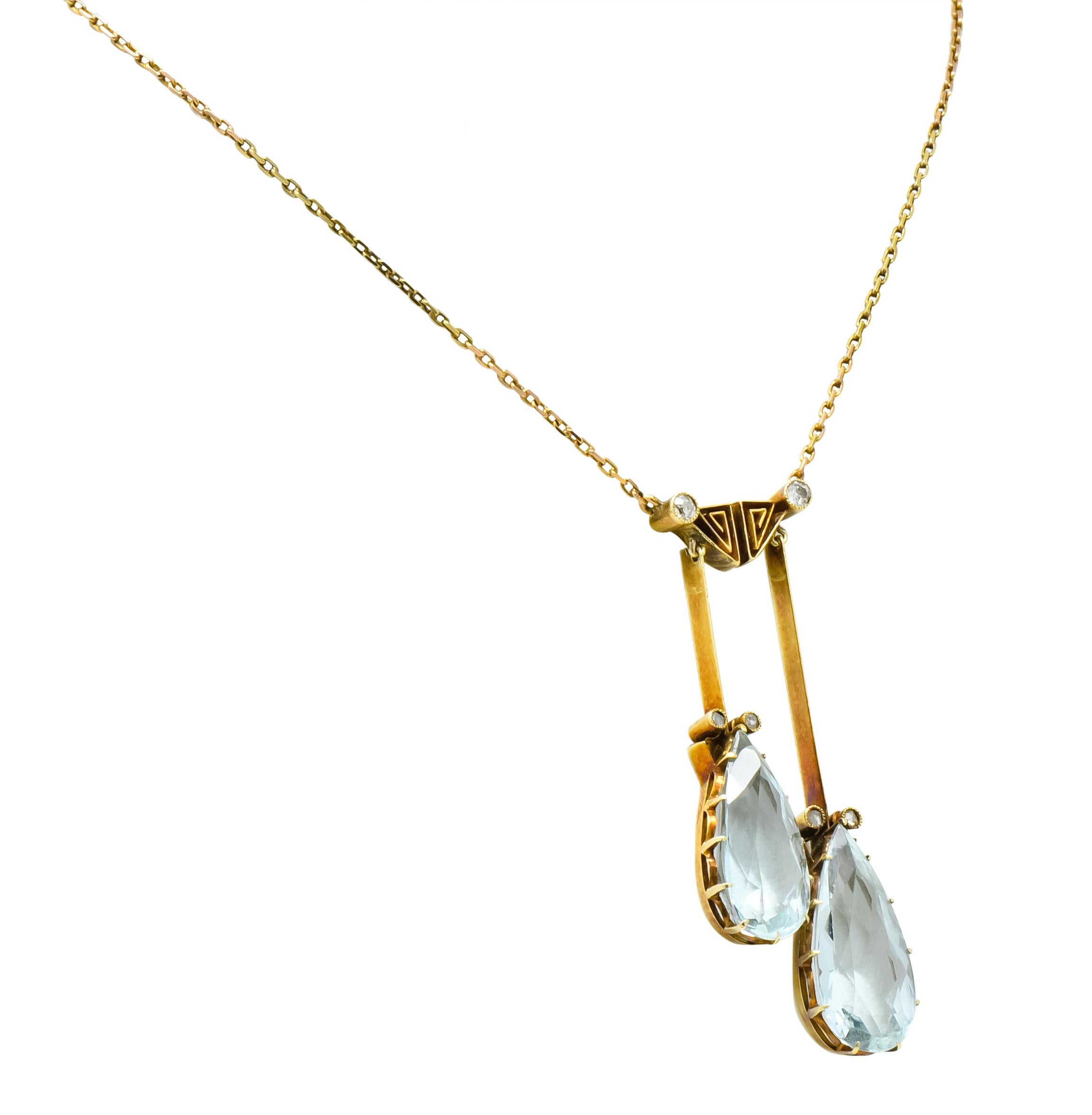 Women's or Men's Victorian 12.22 Carat Aquamarine Diamond 14 Karat Gold Double Drop Necklace