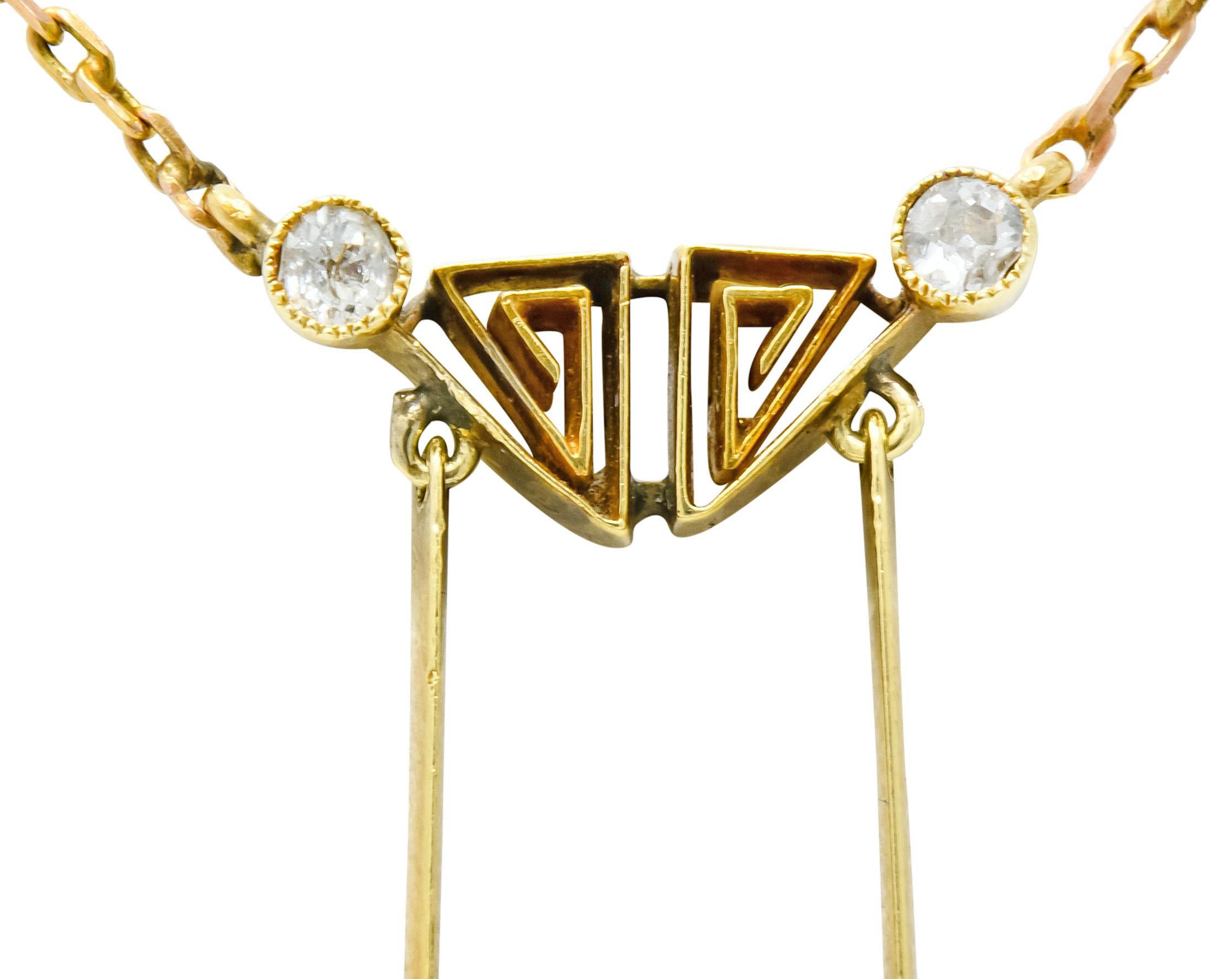 Victorian 12.22 Carat Aquamarine Diamond 14 Karat Gold Double Drop Necklace 1