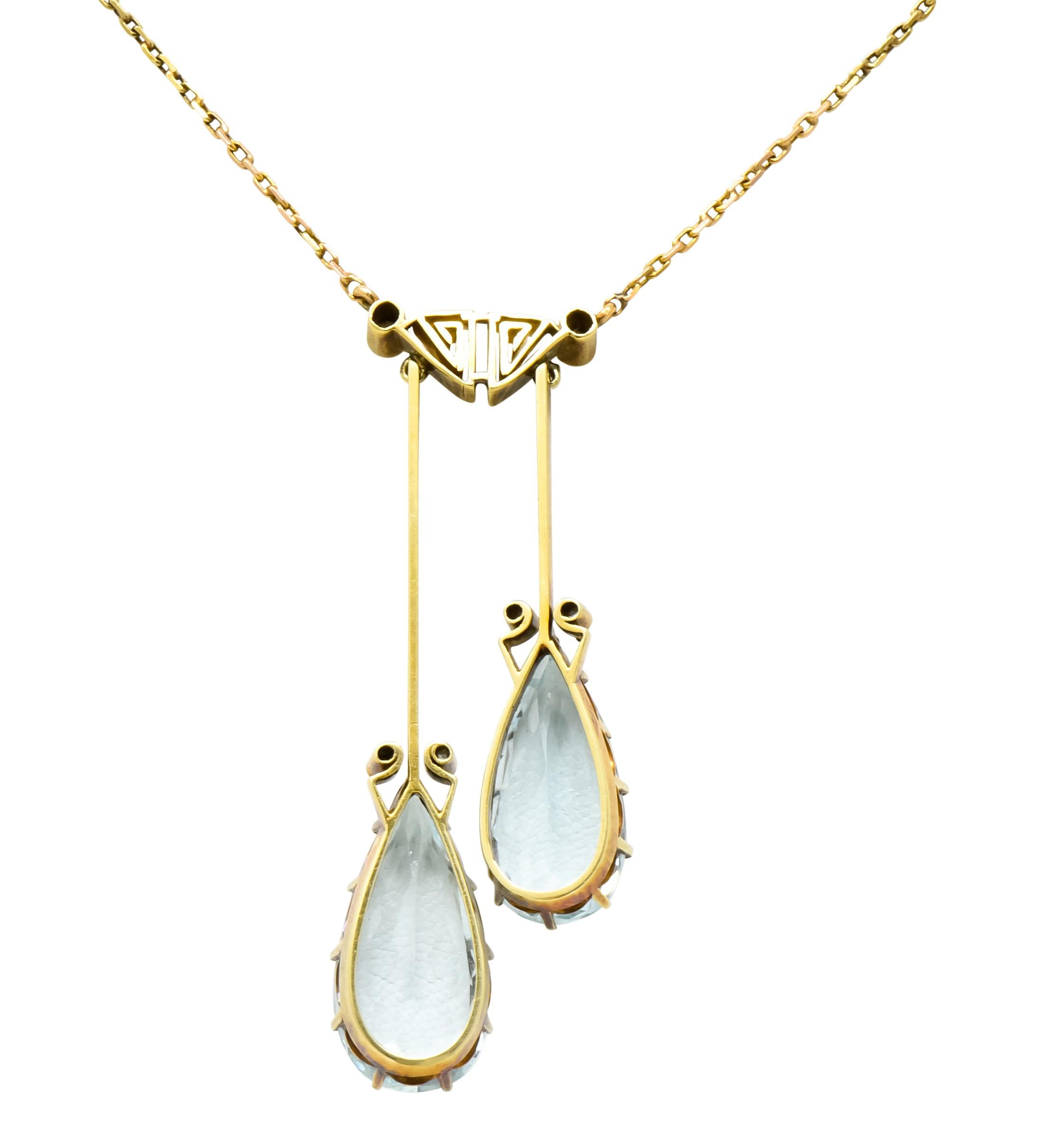 Victorian 12.22 Carat Aquamarine Diamond 14 Karat Gold Double Drop Necklace 4