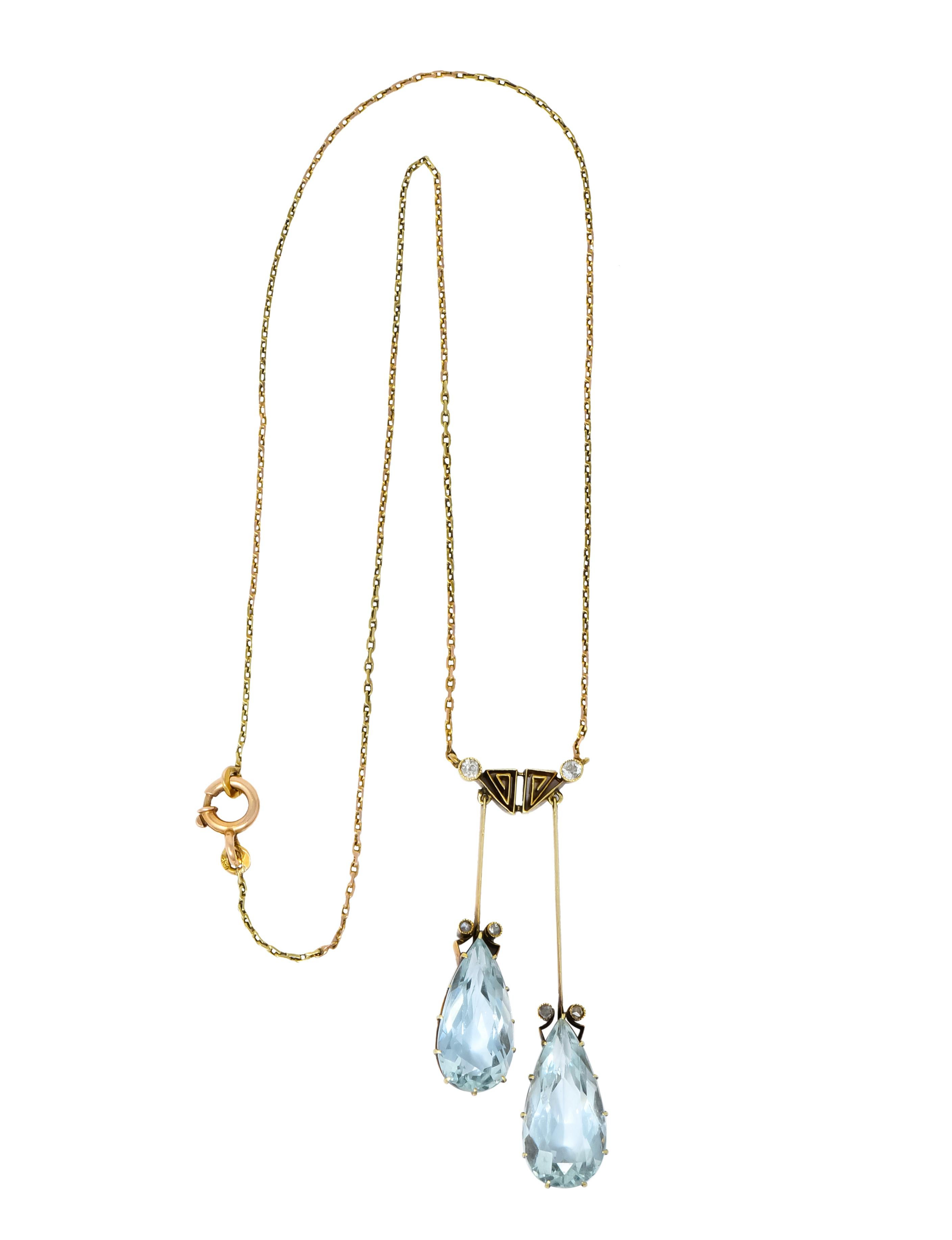 Victorian 12.22 Carat Aquamarine Diamond 14 Karat Gold Double Drop Necklace 5