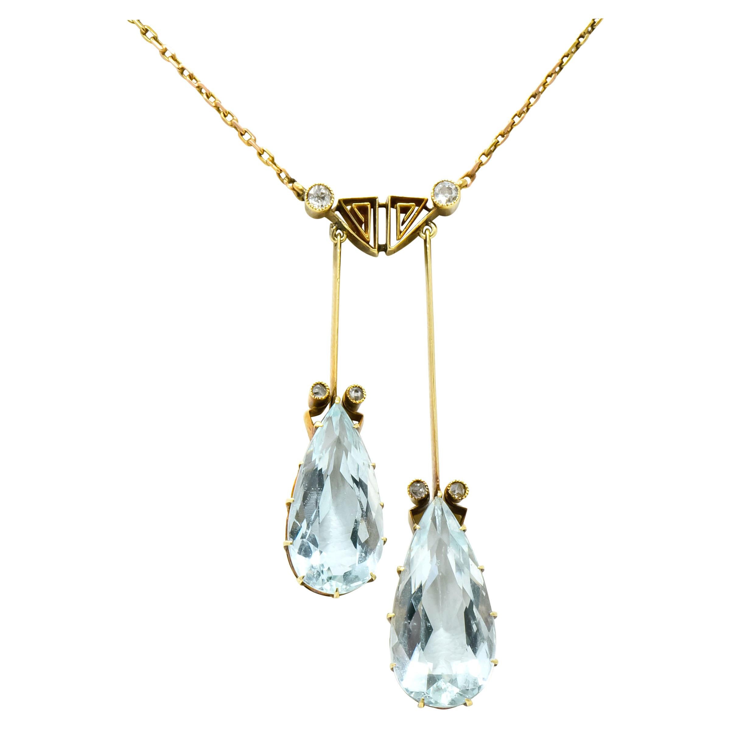 Victorian 12.22 Carat Aquamarine Diamond 14 Karat Gold Double Drop Necklace