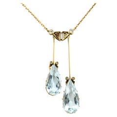 Antique Victorian 12.22 Carat Aquamarine Diamond 14 Karat Gold Double Drop Necklace