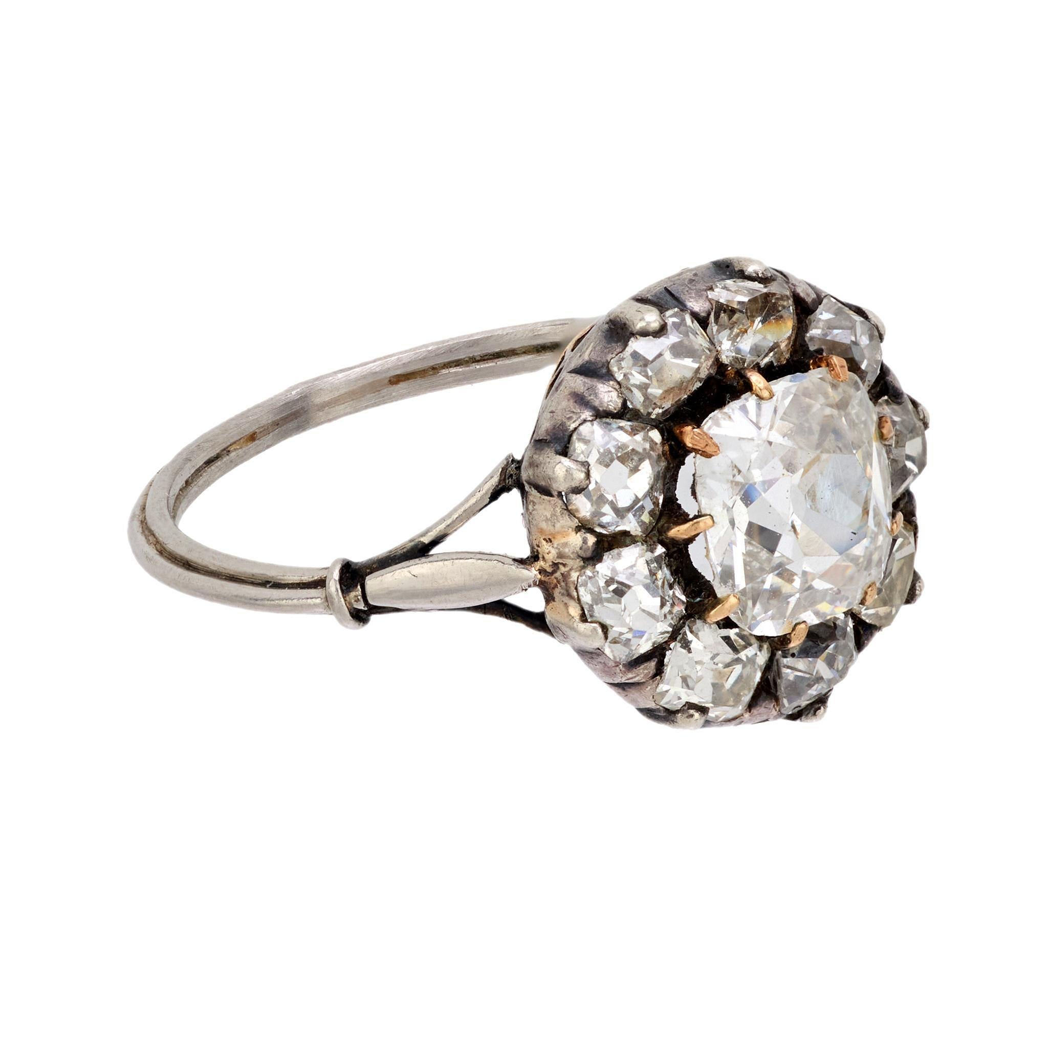 Old Mine Cut Victorian 1.25 carat antique old mine cut diamond 18k gold silver cluster ring For Sale