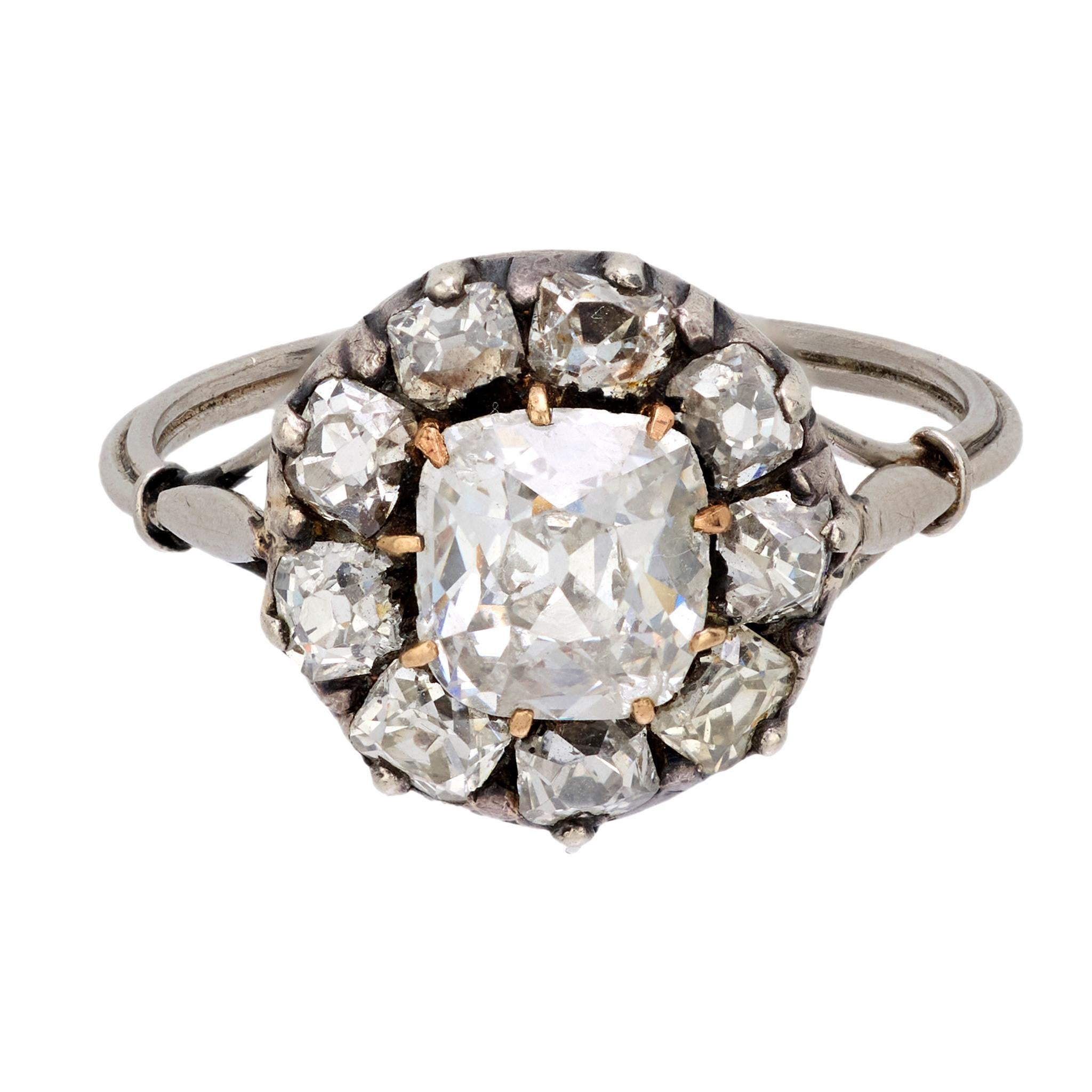 Victorian 1.25 carat antique old mine cut diamond 18k gold silver cluster ring In Good Condition For Sale In Beverly Hills, CA