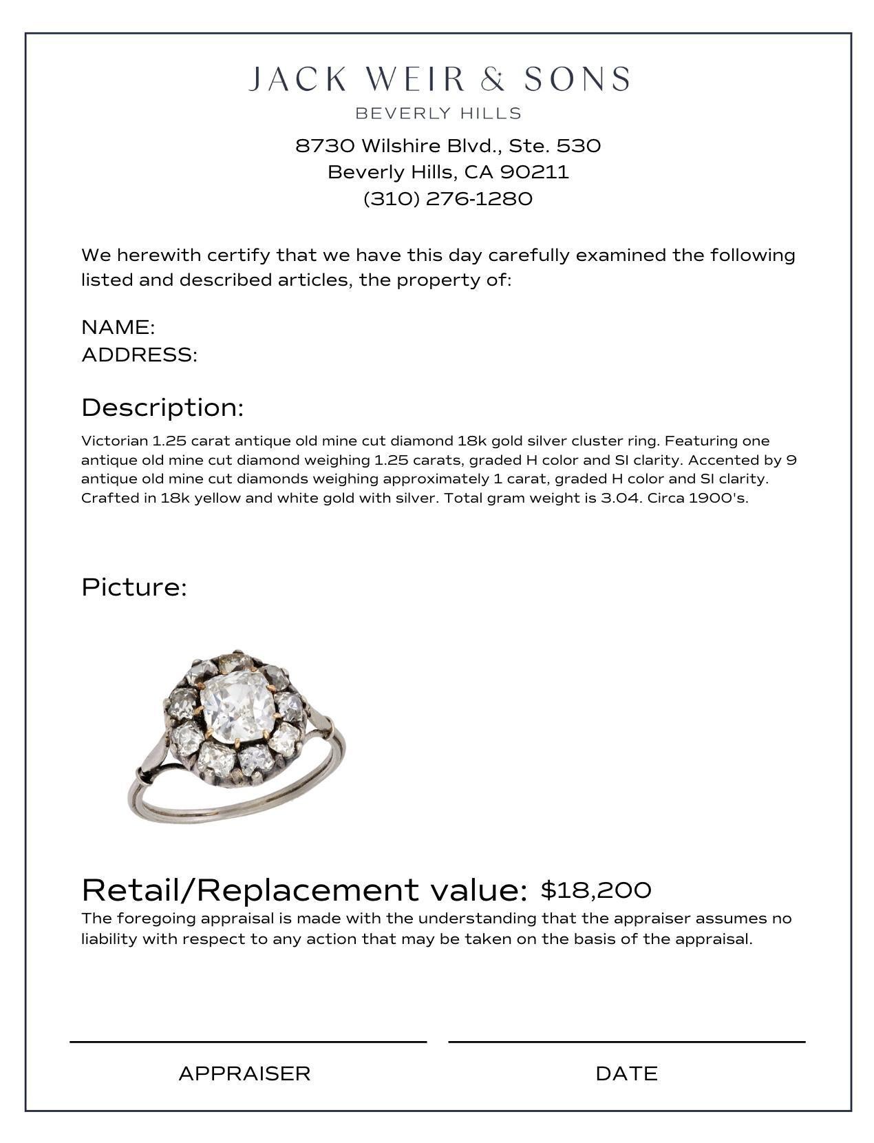 Women's Victorian 1.25 carat antique old mine cut diamond 18k gold silver cluster ring For Sale