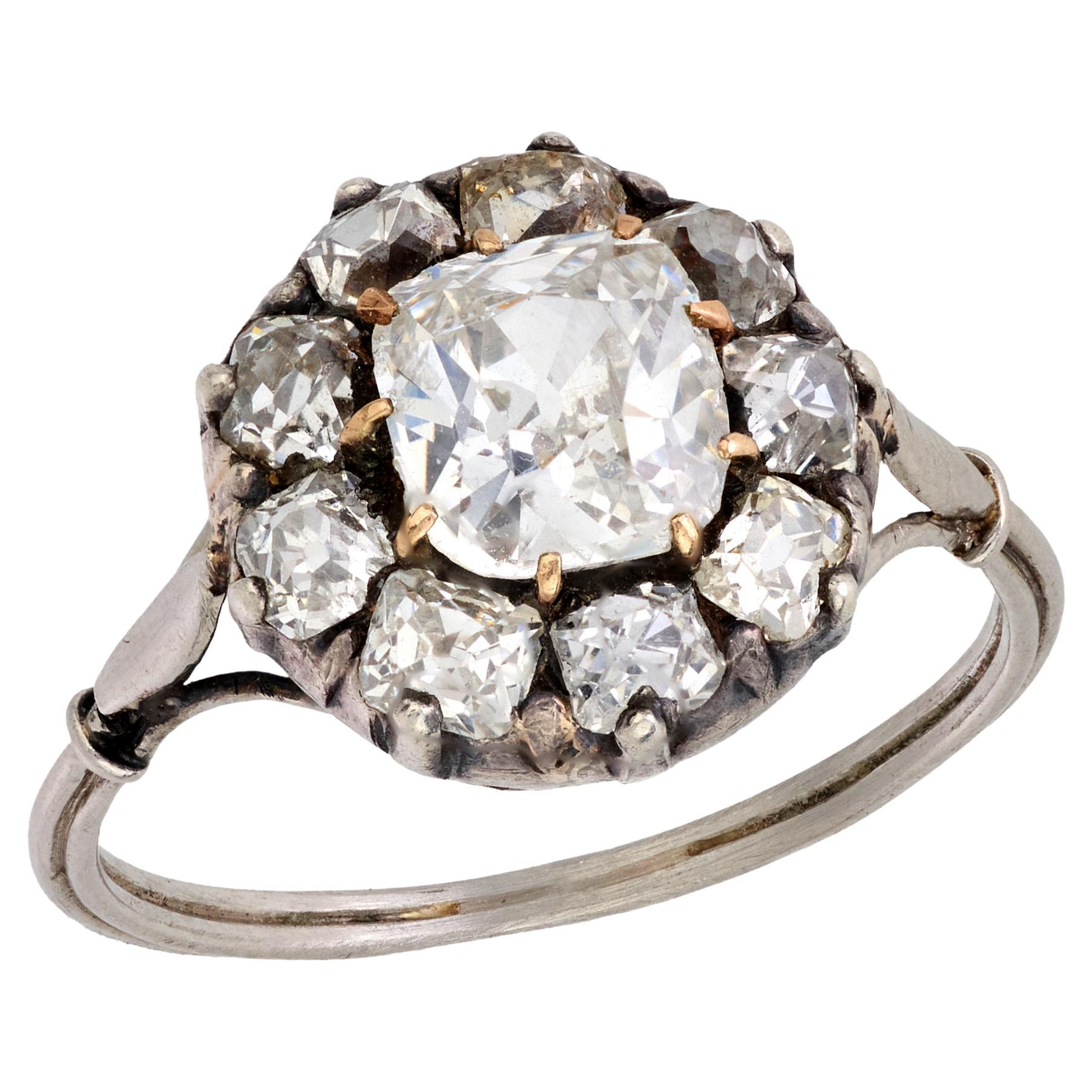 Victorian 1.25 carat antique old mine cut diamond 18k gold silver cluster ring