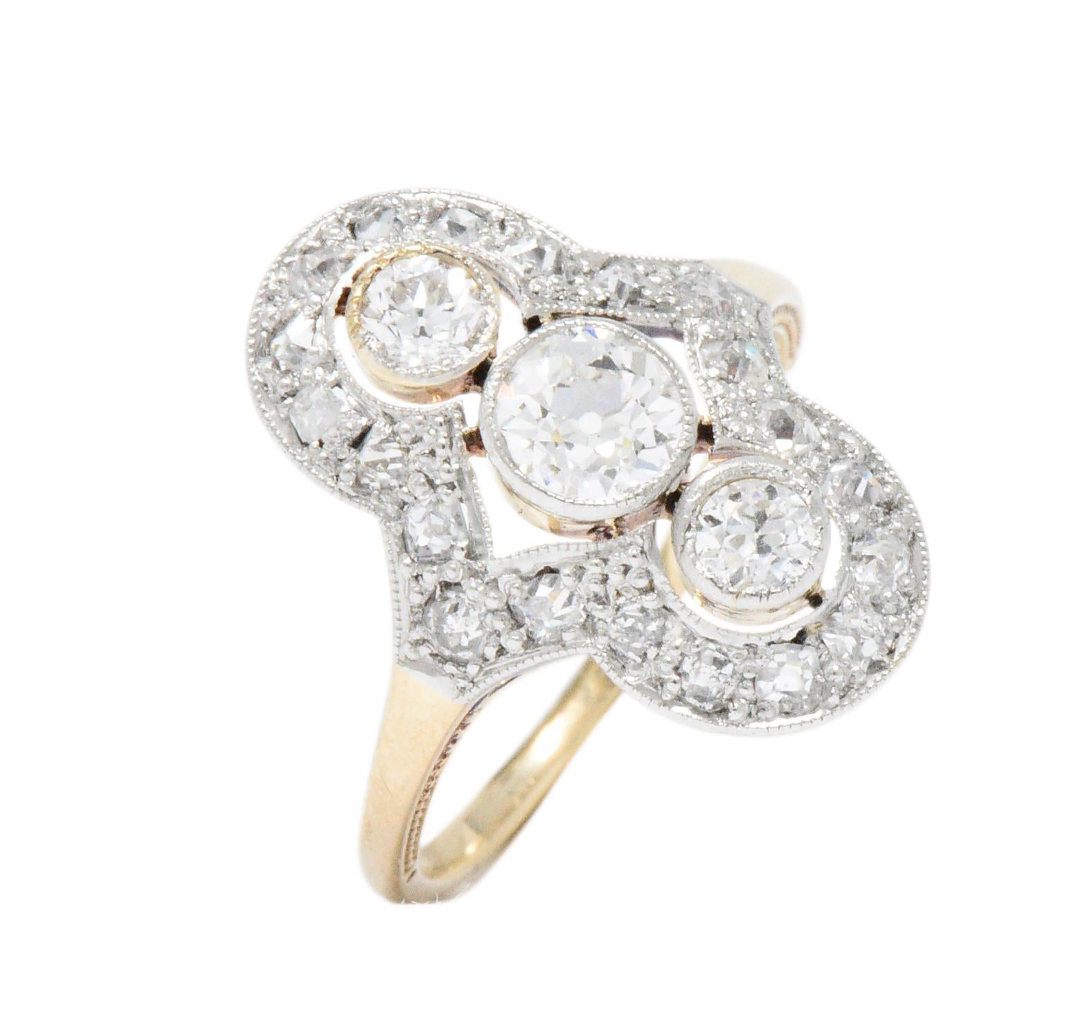 Victorian 1.25 Carat Diamond Platinum-Topped 14 Karat Gold Dinner Ring Signed 1