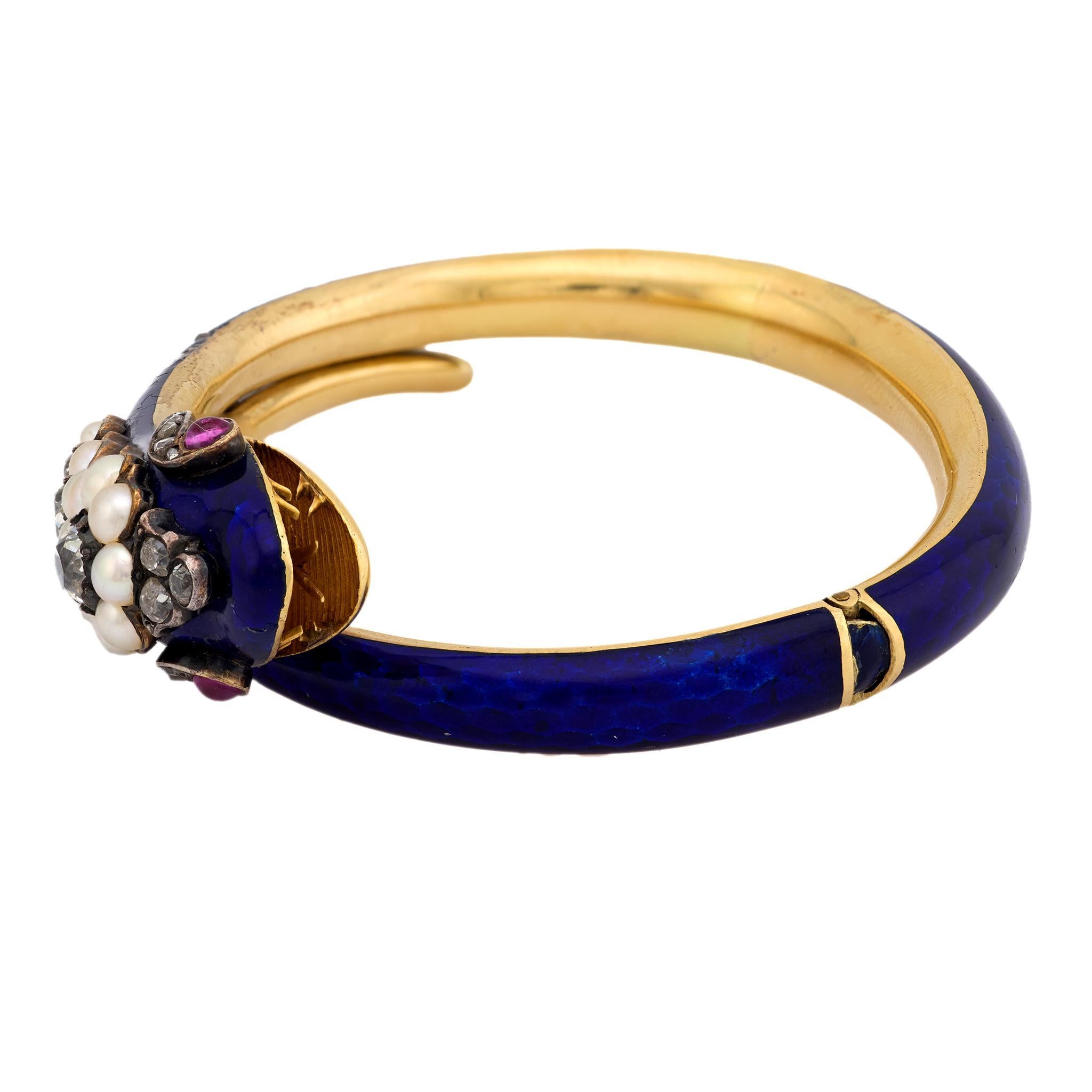 Old European Cut Victorian 1.25 carat diamond ruby pearl 18k yellow gold and enamel snake bangle For Sale