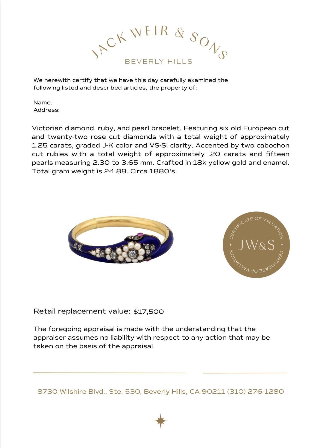 Women's Victorian 1.25 carat diamond ruby pearl 18k yellow gold and enamel snake bangle For Sale