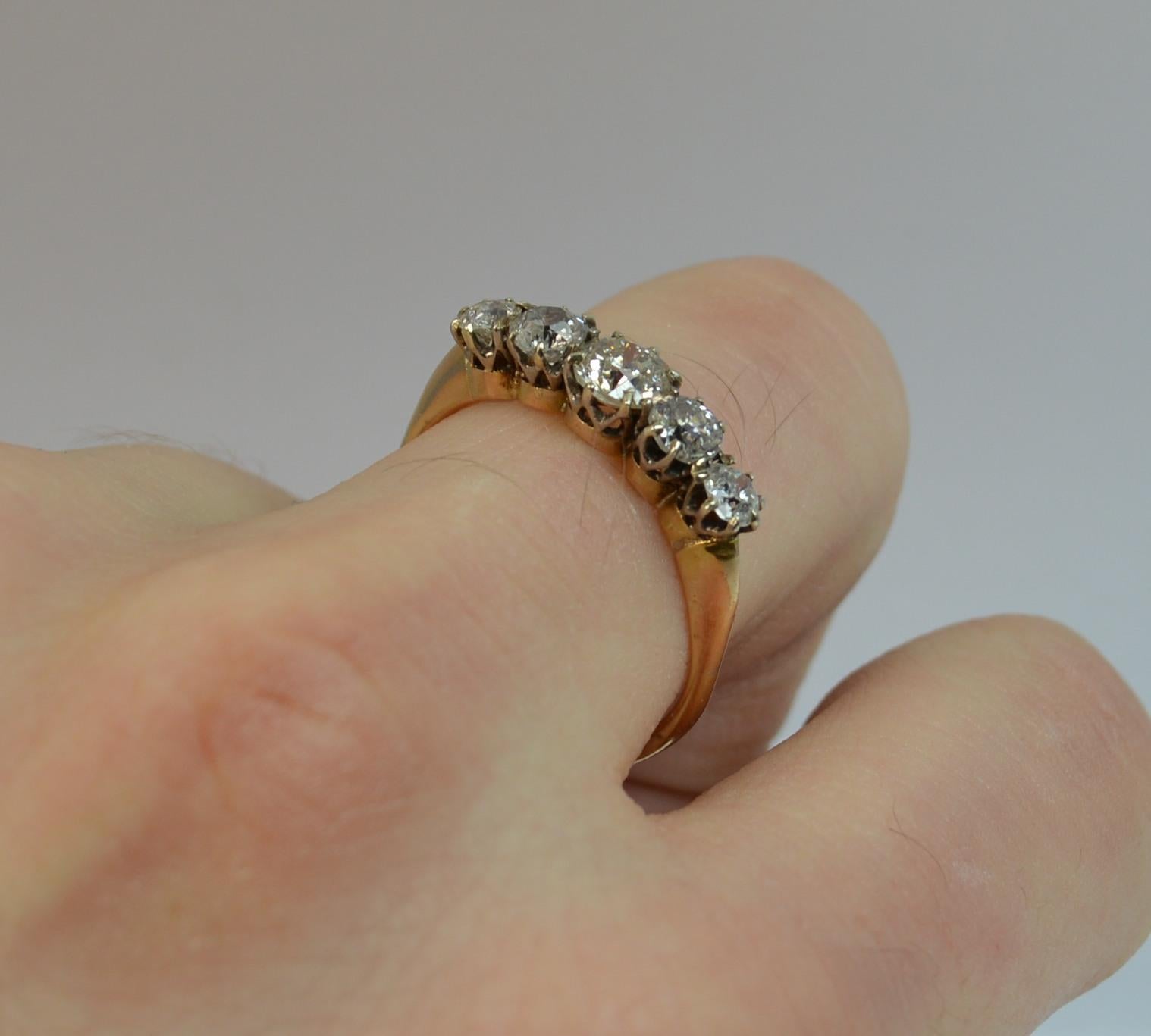 A stunning Victorian period five stone ring. c1880.
SIZE ; Q 1/2 UK, 8 1/2 US
Solid 18 carat gold shank and platinum claw piece.
Set with five natural old European cut diamonds of graduated size. Si clarity. 1.25 carats in total.

18mm spread of