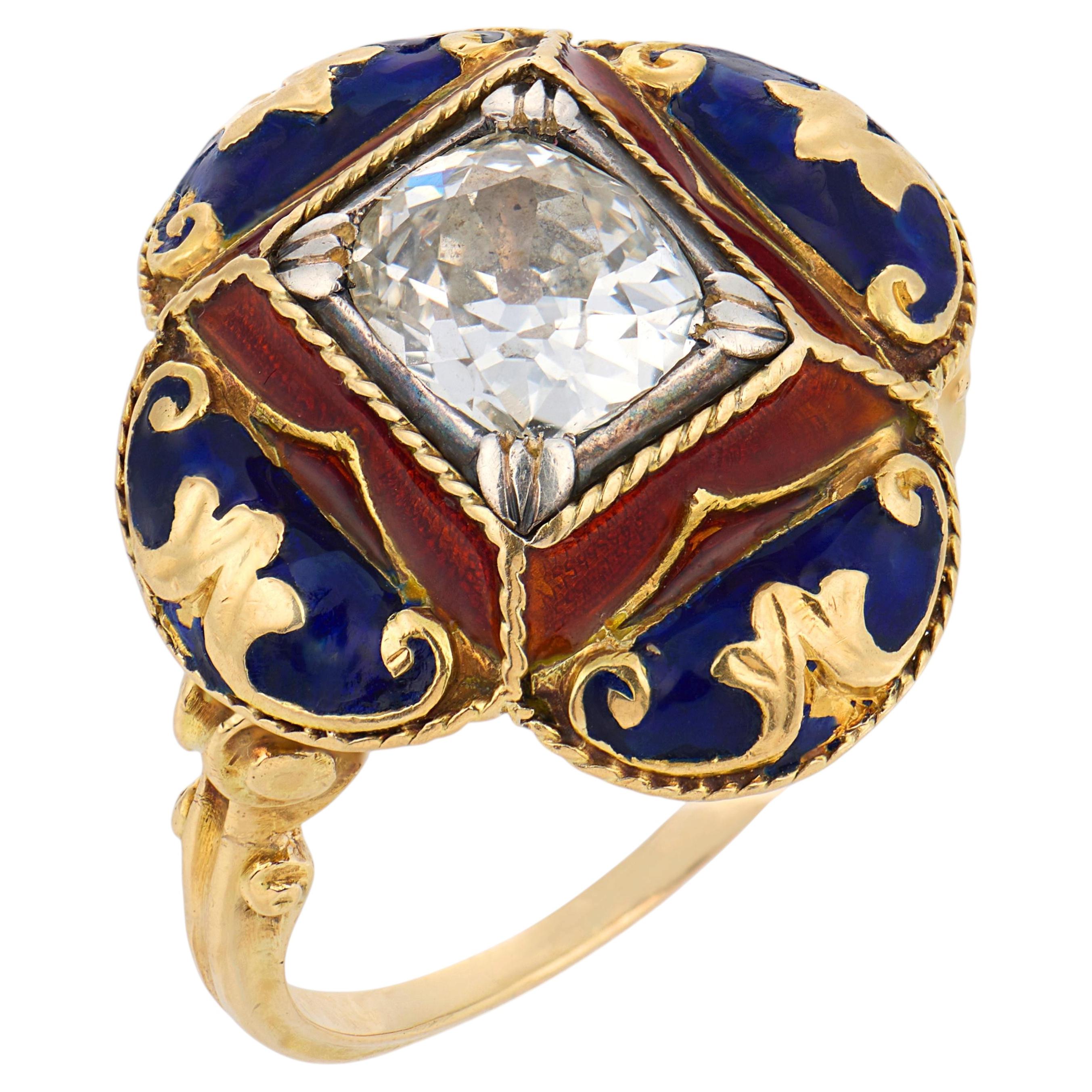 Victorian 1.25 carat old mine cut diamond 14k yellow gold enamel ring
