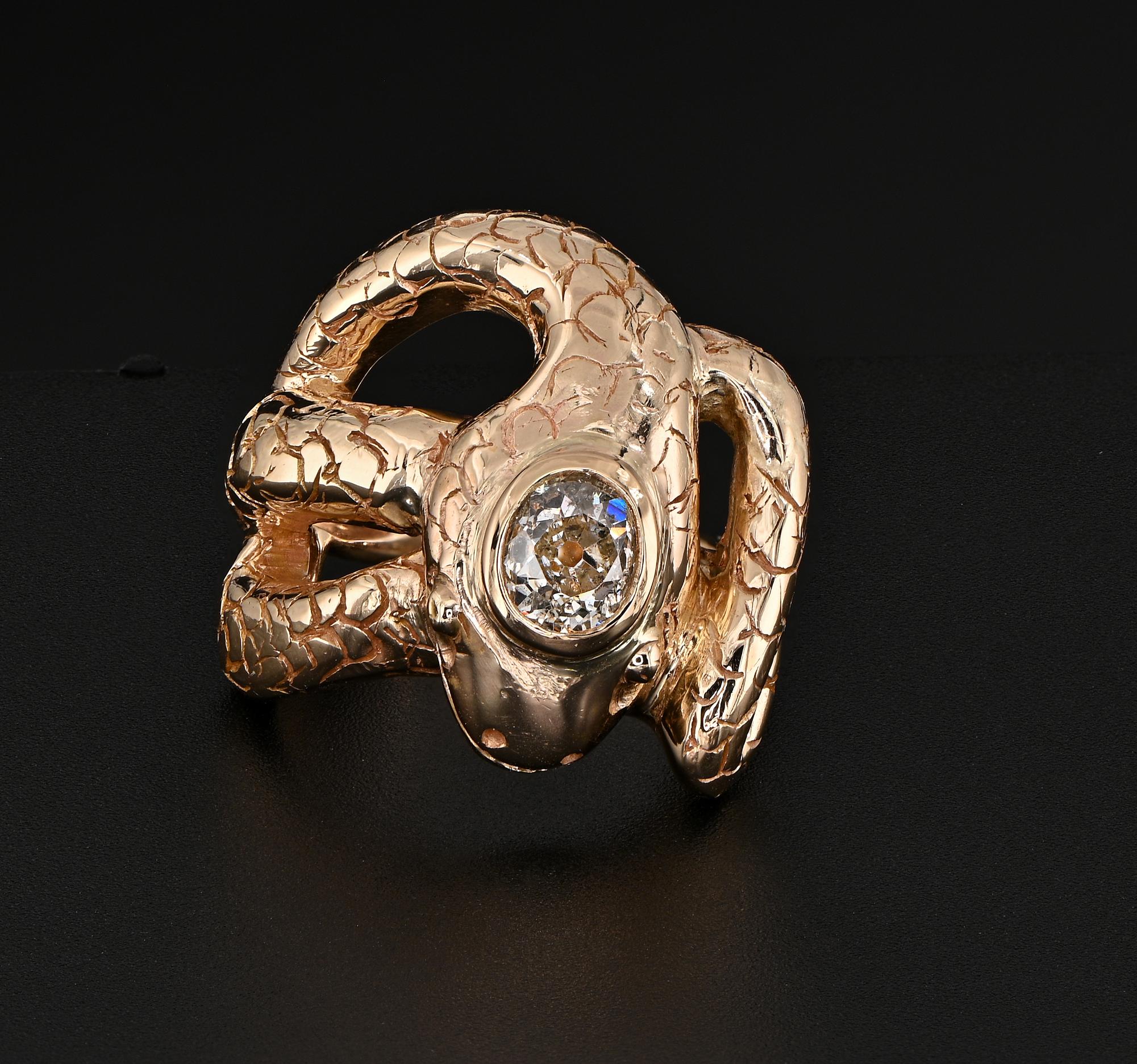 Old Mine Cut Victorian 1.25 Ct Old Mine Diamond Coiled Snake 14 KT Ring For Sale