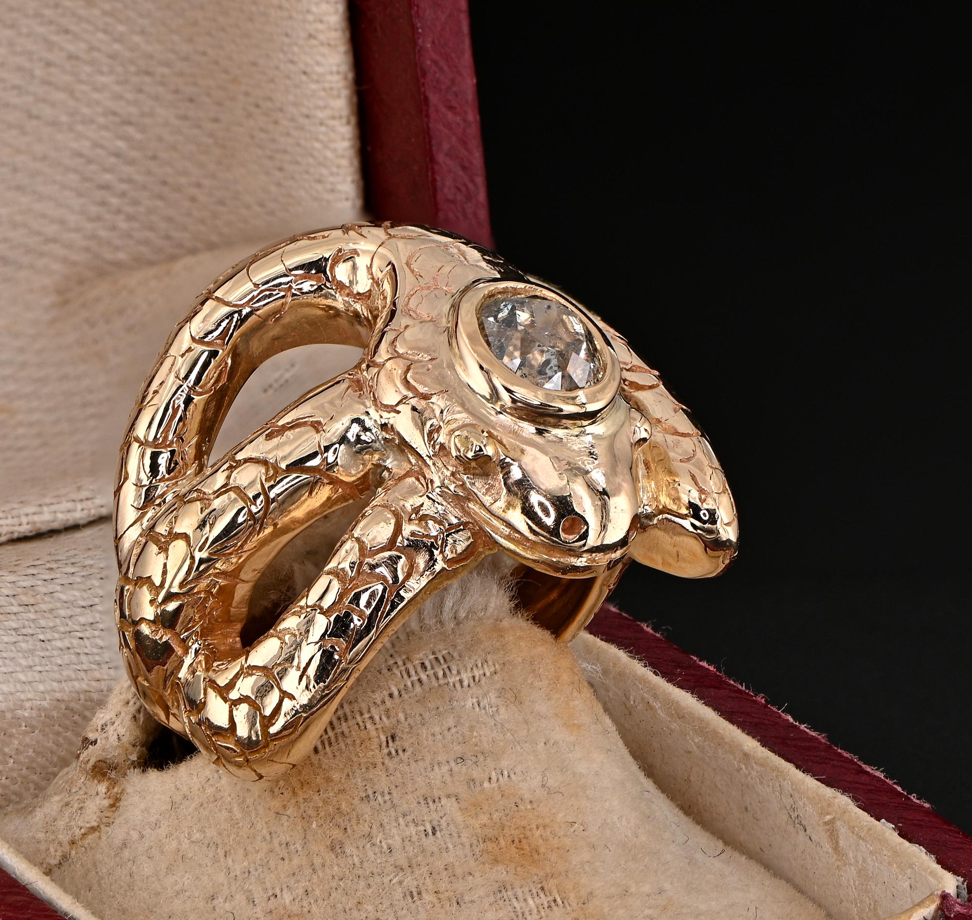 Victorian 1.25 Ct Old Mine Diamond Coiled Snake 14 KT Ring In Good Condition For Sale In Napoli, IT
