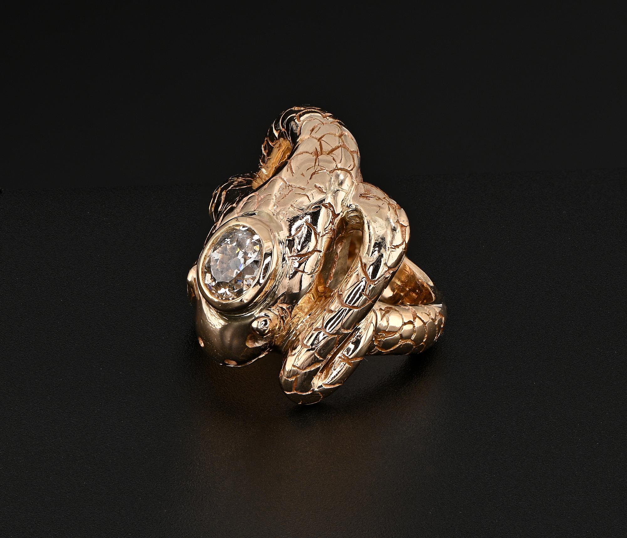 Victorian 1.25 Ct Old Mine Diamond Coiled Snake 14 KT Ring For Sale 2