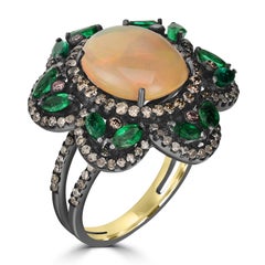 Victorian 1.25 Cttw Natural Diamond, Opal and Emerald Cocktail Ring