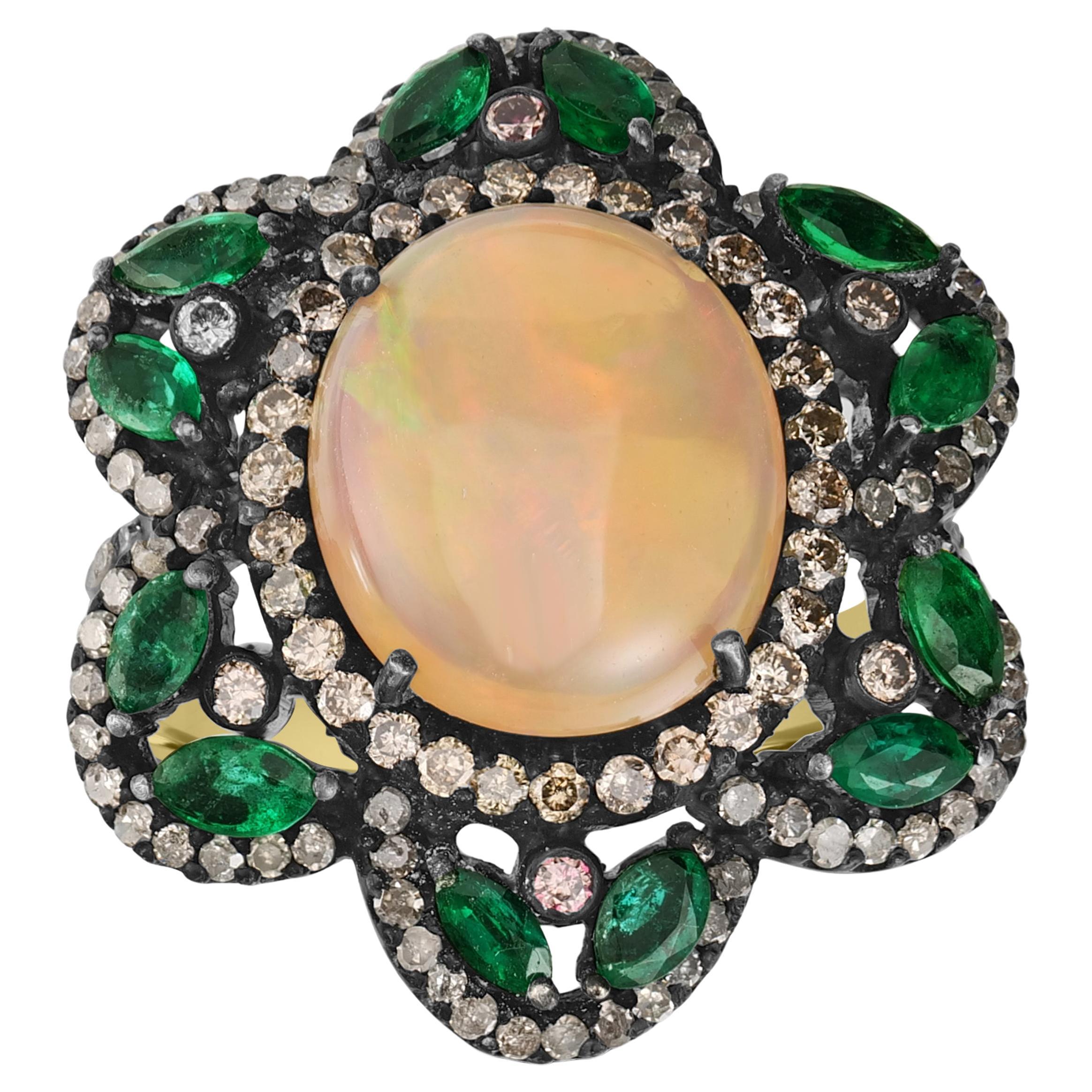 Victorian 1.25 Cttw Natural Diamond, Opal and Emerald Cocktail Ring