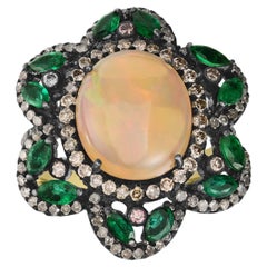 Victorian 1.25 Cttw Natural Diamond, Opal and Emerald Cocktail Ring