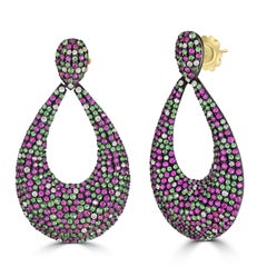 Victorian 12.5 Cttw. Ruby, Tsavorite and Diamond Tear Drop Dangle Earrings