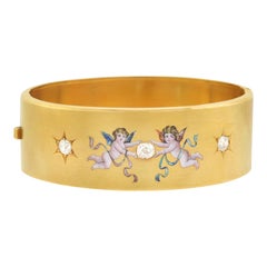 Victorian 1.25 Total Carat 3-Stone Diamond Enameled Cherubs Bangle Bracelet