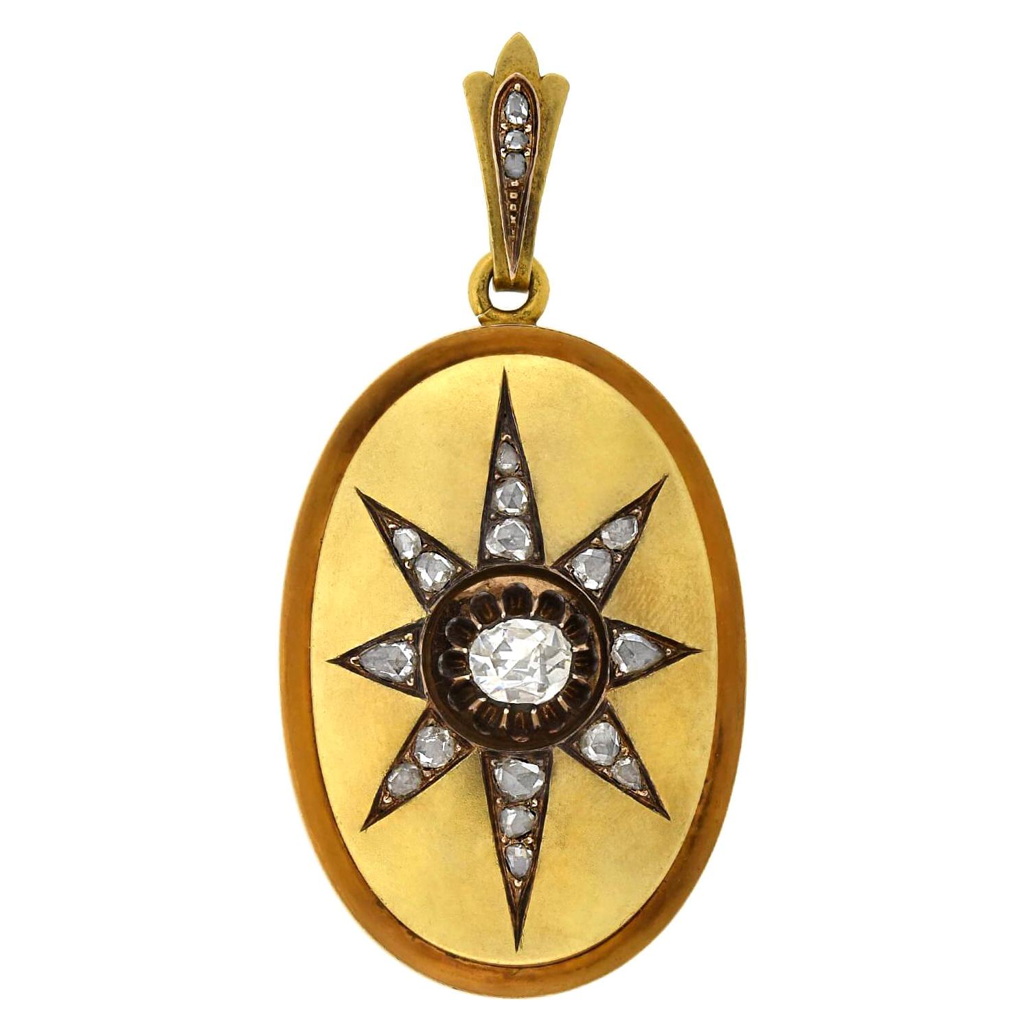 Victorianisches viktorianisches Starburst-Medaillon mit 1,25 Karat Diamant im Rosenschliff