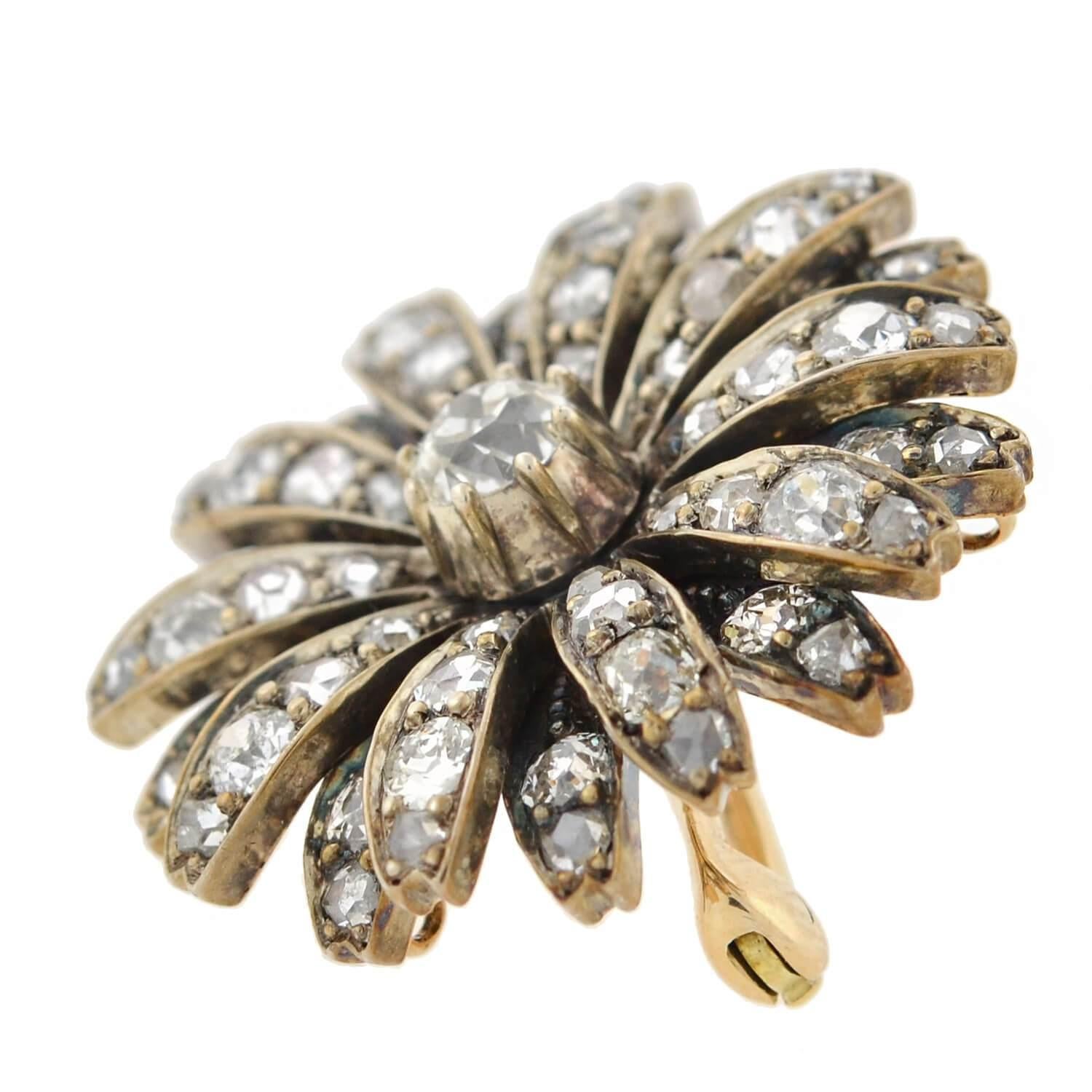 Old Mine Cut Victorian 1.25 Total Carat Diamond Flower Pin Pendant For Sale
