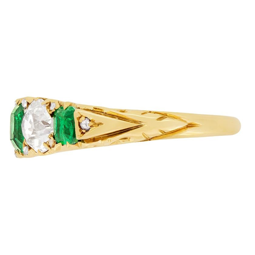 Emerald Cut Victorian 1.25ct Emerald and Diamond Five Stone Ring, c.1880s For Sale