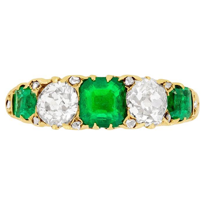 Victorian 1.25ct Emerald and Diamond Five Stone Ring, c.1880s For Sale