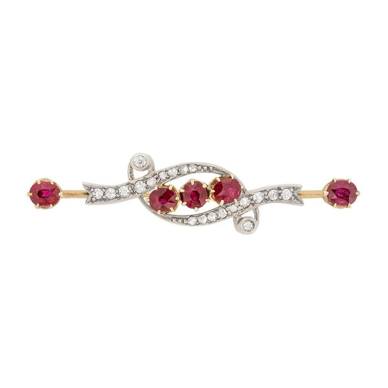 Old Mine Cut Victorian 1.25 Carat Ruby and Diamond Brooch, circa 1880s For Sale
