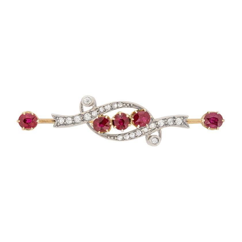 Round Cut Victorian 1.25ct Ruby and Diamond Brooch, c.1880s For Sale