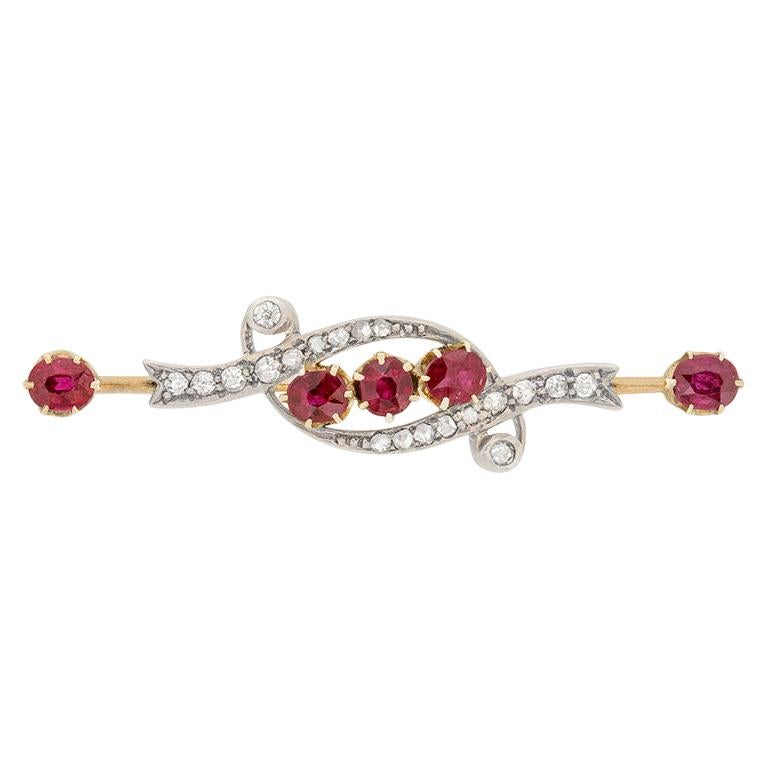 Victorian 1.25 Carat Ruby and Diamond Brooch, circa 1880s For Sale
