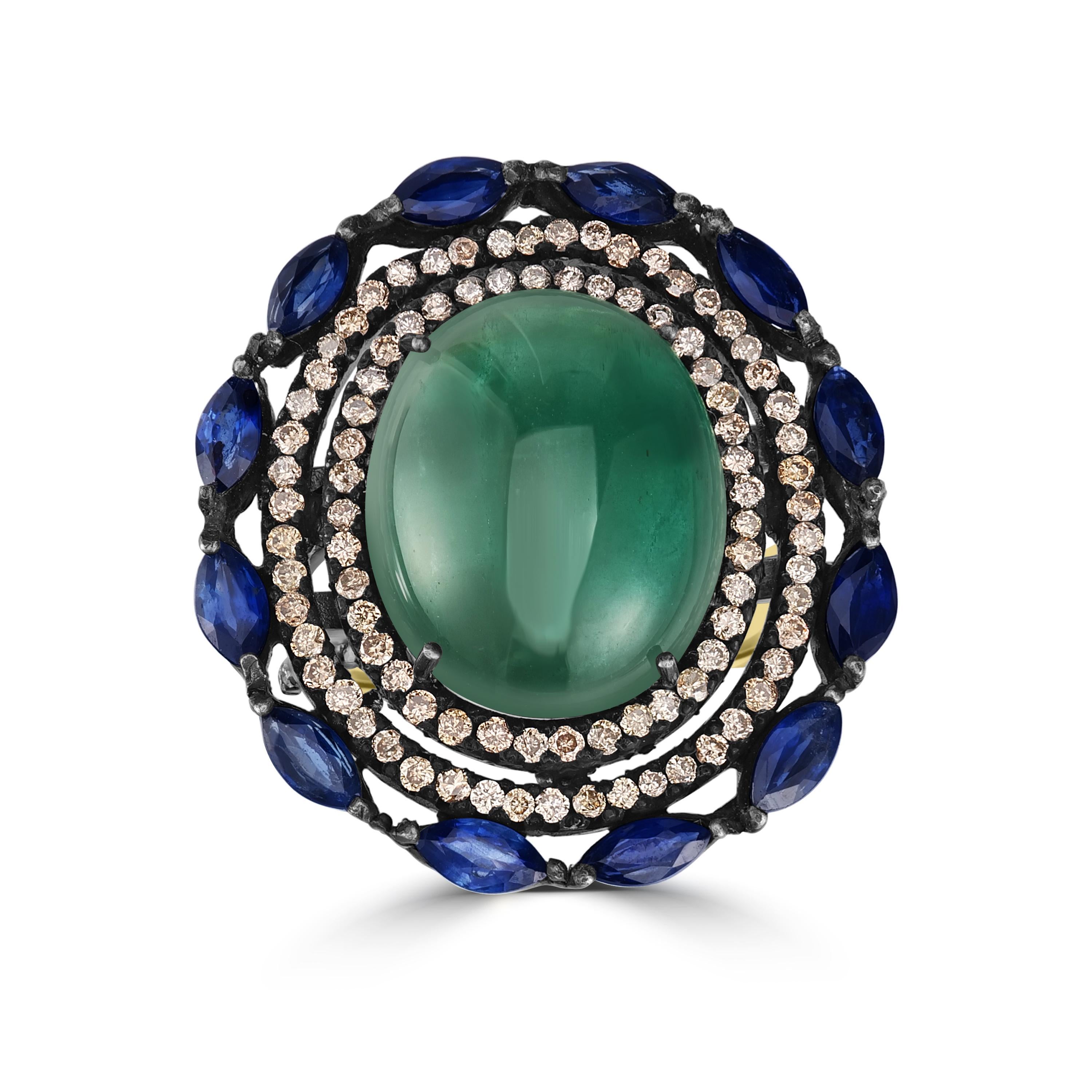 Victorian 12.5Cttw. Diamond, Sapphire and Emerald Split-Shank Cocktail Ring  In New Condition For Sale In New York, NY