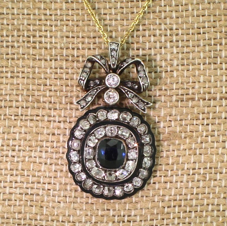 Cushion Cut Victorian 1.26 Carat Sapphire, Old Cut Diamond and Enamel Pendant, circa 1880 For Sale