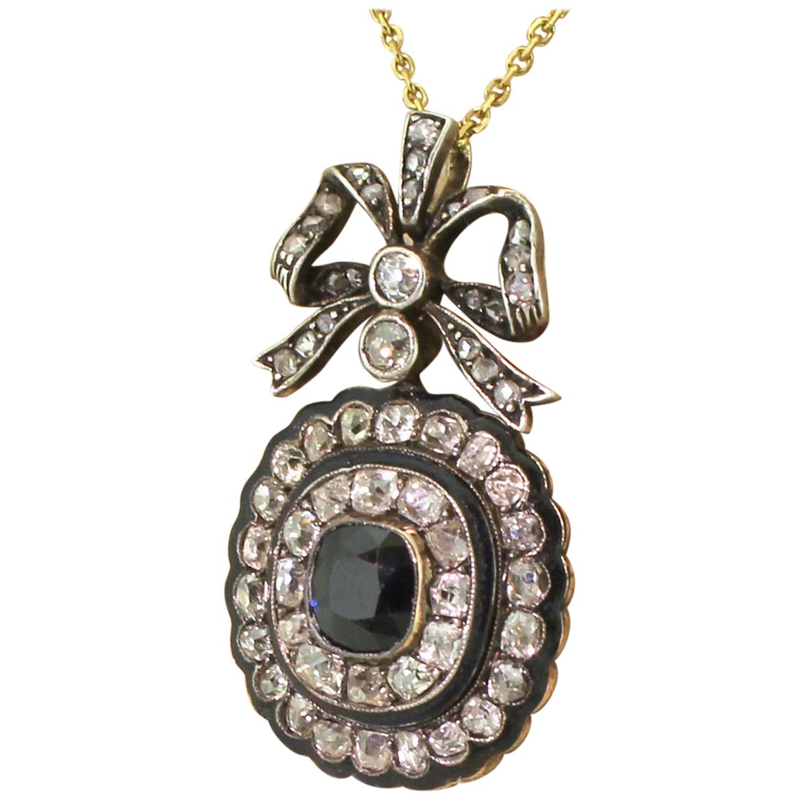 Victorian 1.26 Carat Sapphire, Old Cut Diamond and Enamel Pendant, circa 1880 For Sale