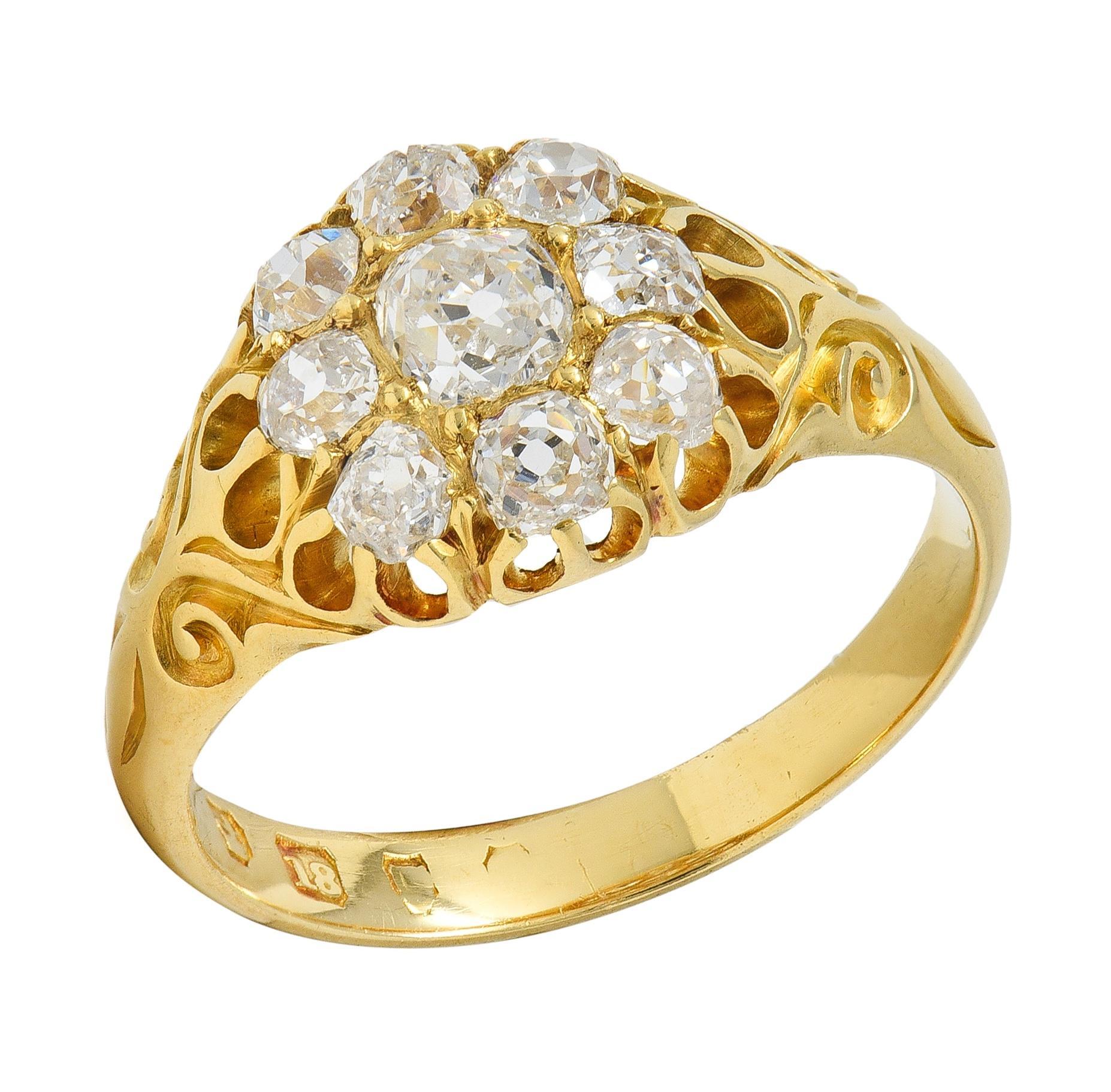 Viktorianischer 1,26 CTW Old Mine Cut Diamant 18K Gelbgold Antiker Cluster Ring im Angebot 3