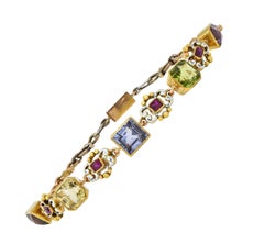 Victorian 12.72 CTW Multi-Gem Enamel 18 Karat Yellow Gold Antique Link Bracelet