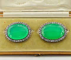Victorian 127.50 Ct Chrysoprase 11.00 Ct Diamond Rare Boxed Twin brooches