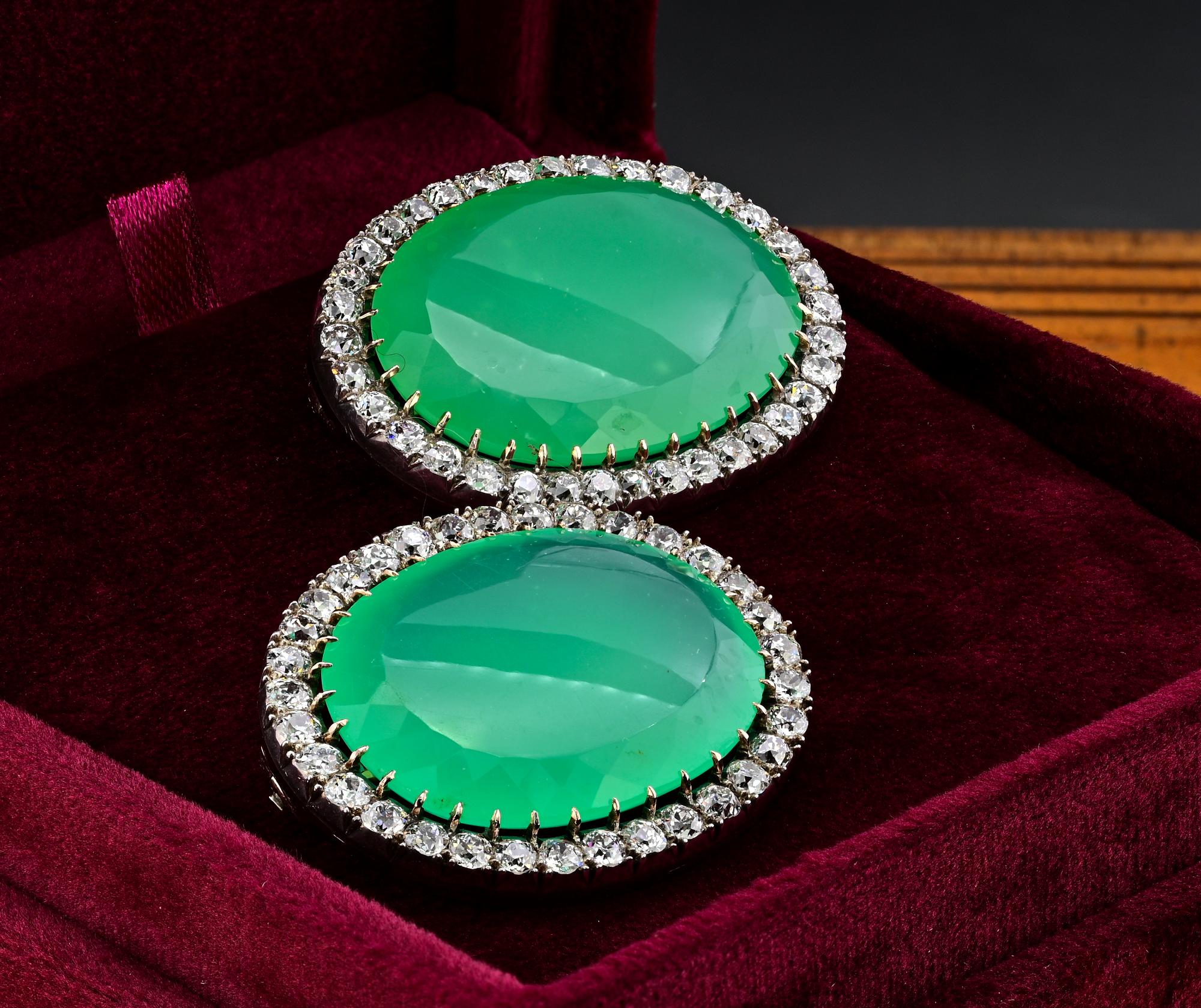 Women's or Men's Victorian 127.50 Ct Chrysoprase 11.00 Ct Diamond Rare Boxed Twin brooches For Sale