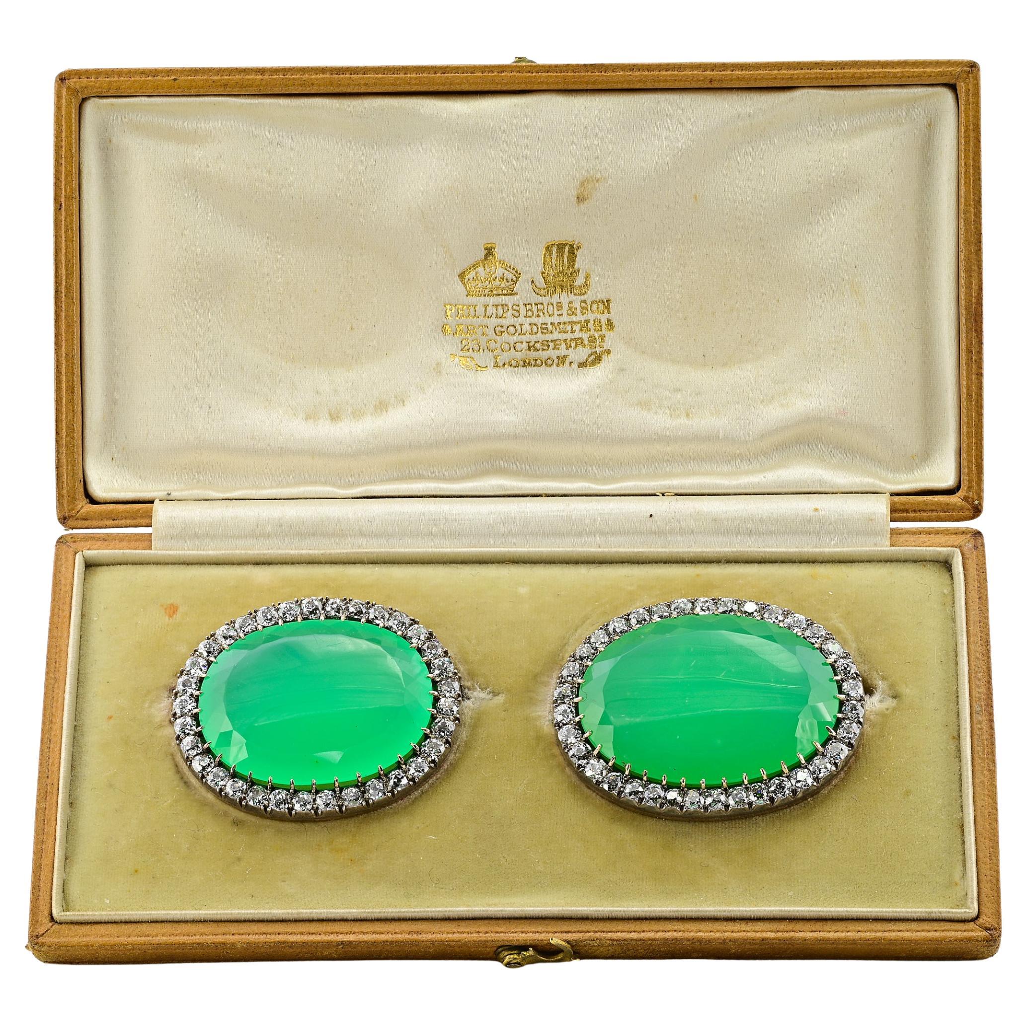 Victorian 127.50 Ct Chrysoprase 11.00 Ct Diamond Rare Boxed Twin brooches  For Sale