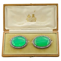 Antique Victorian 127.50 Ct Chrysoprase 11.00 Ct Diamond Rare Boxed Twin brooches