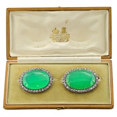 Antique Victorian 127.50 Ct Chrysoprase 11.00 Ct Diamond Rare Boxed Twin brooches 