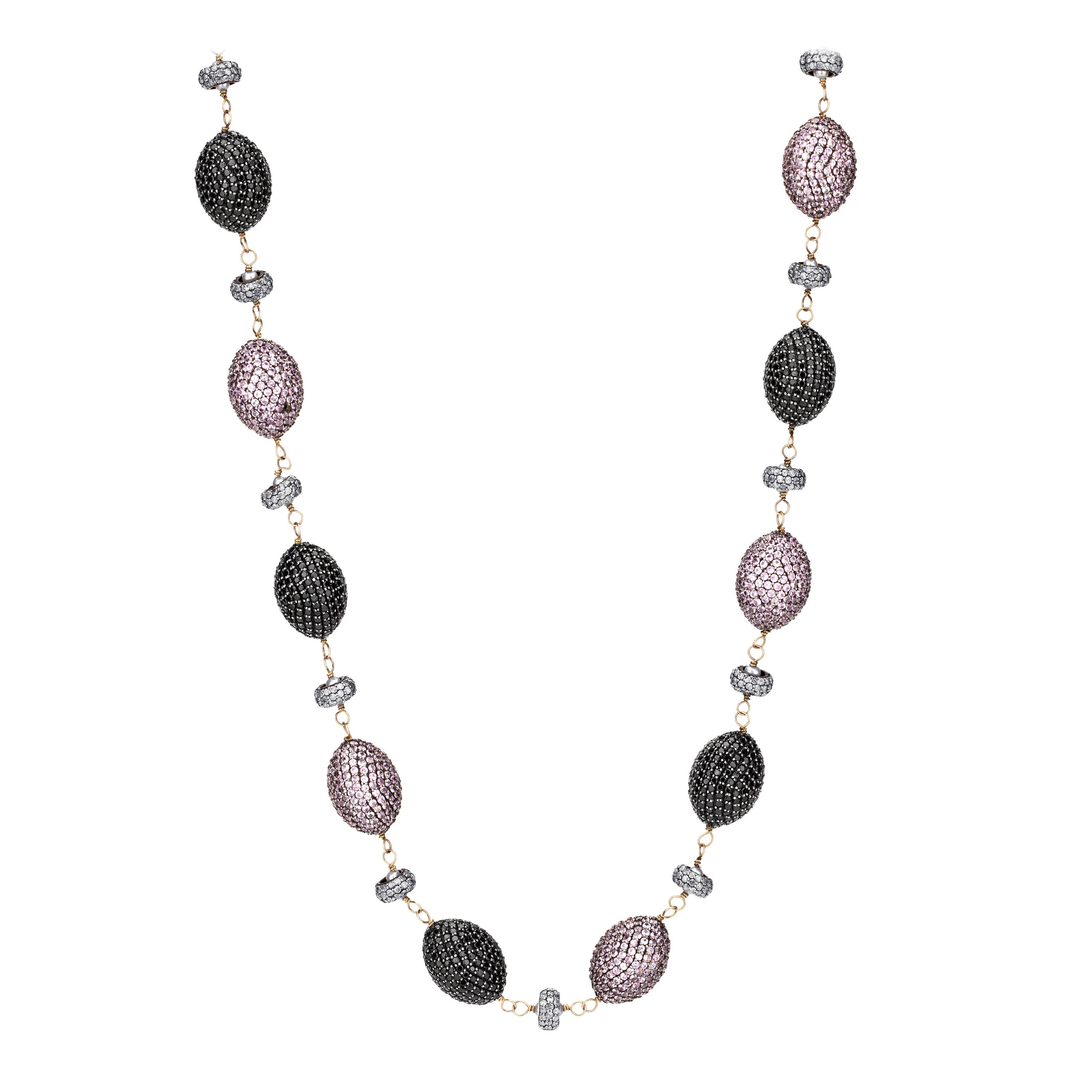 Victorian 128.03 Ct T.W Pink Sapphire, Black Spinel & Diamond Station Necklace For Sale