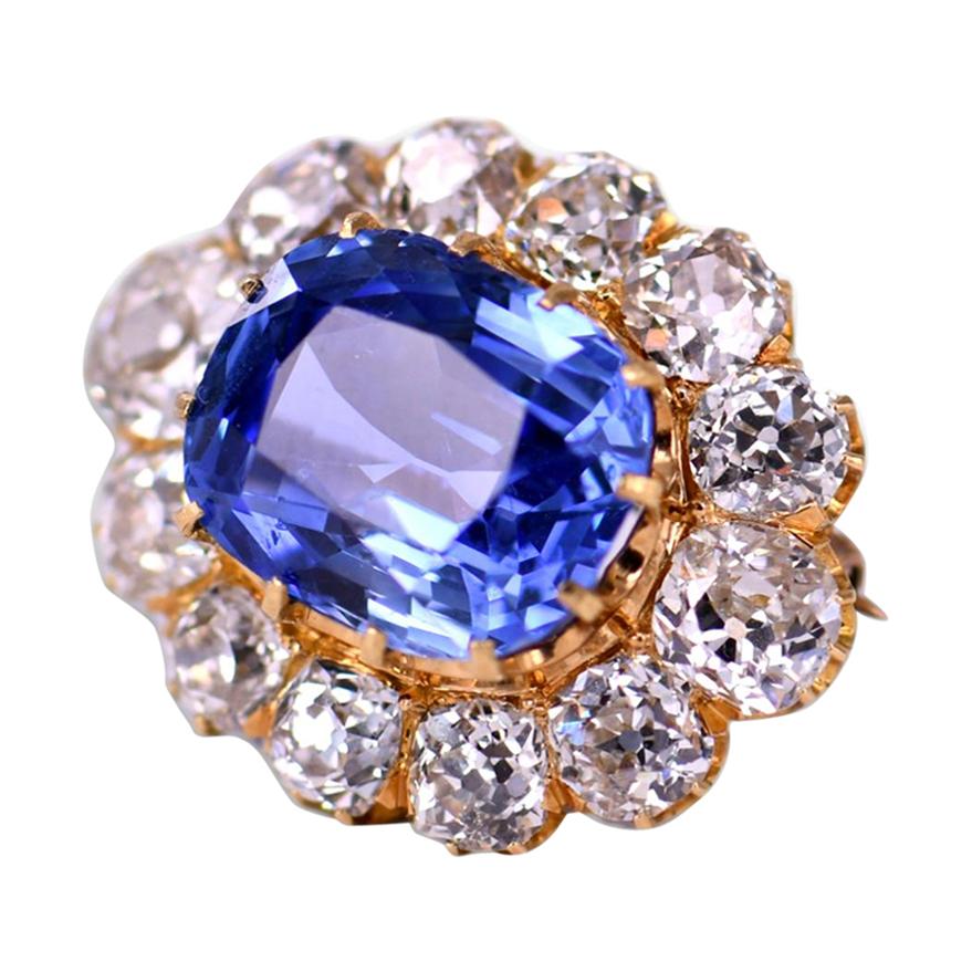 Victorian 12 Carat Ceylon No Heat Sapphire Diamond Gold Brooch