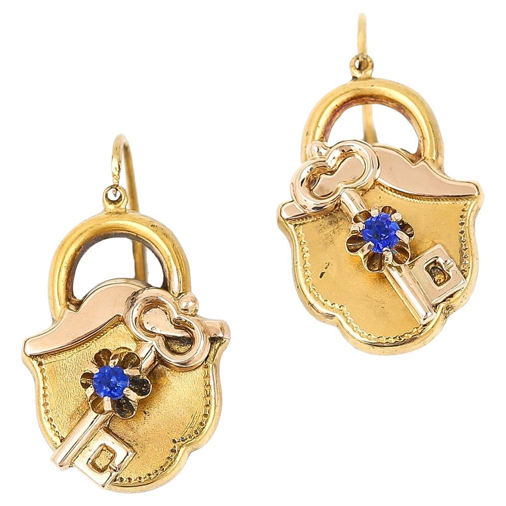 Victorian 12 Carat Gold Blue Paste Padlock and Key Earrings, circa 1870