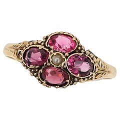 Victorian 12ct Gold Four Stone Ruby and Pearl Ring, Circa 1871