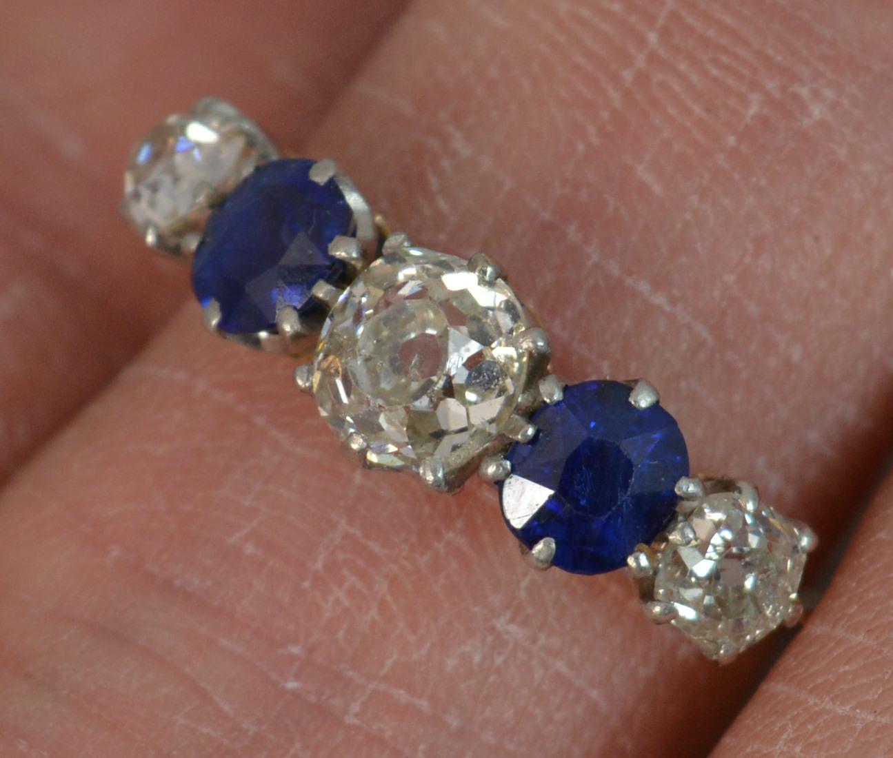 Victorian 1.2 Carat Old Cut Diamond Sapphire 18 Carat Gold Five-Stone Stack Ring 6