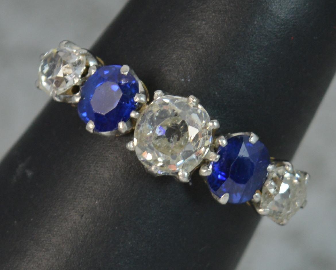 Victorian 1.2 Carat Old Cut Diamond Sapphire 18 Carat Gold Five-Stone Stack Ring 7