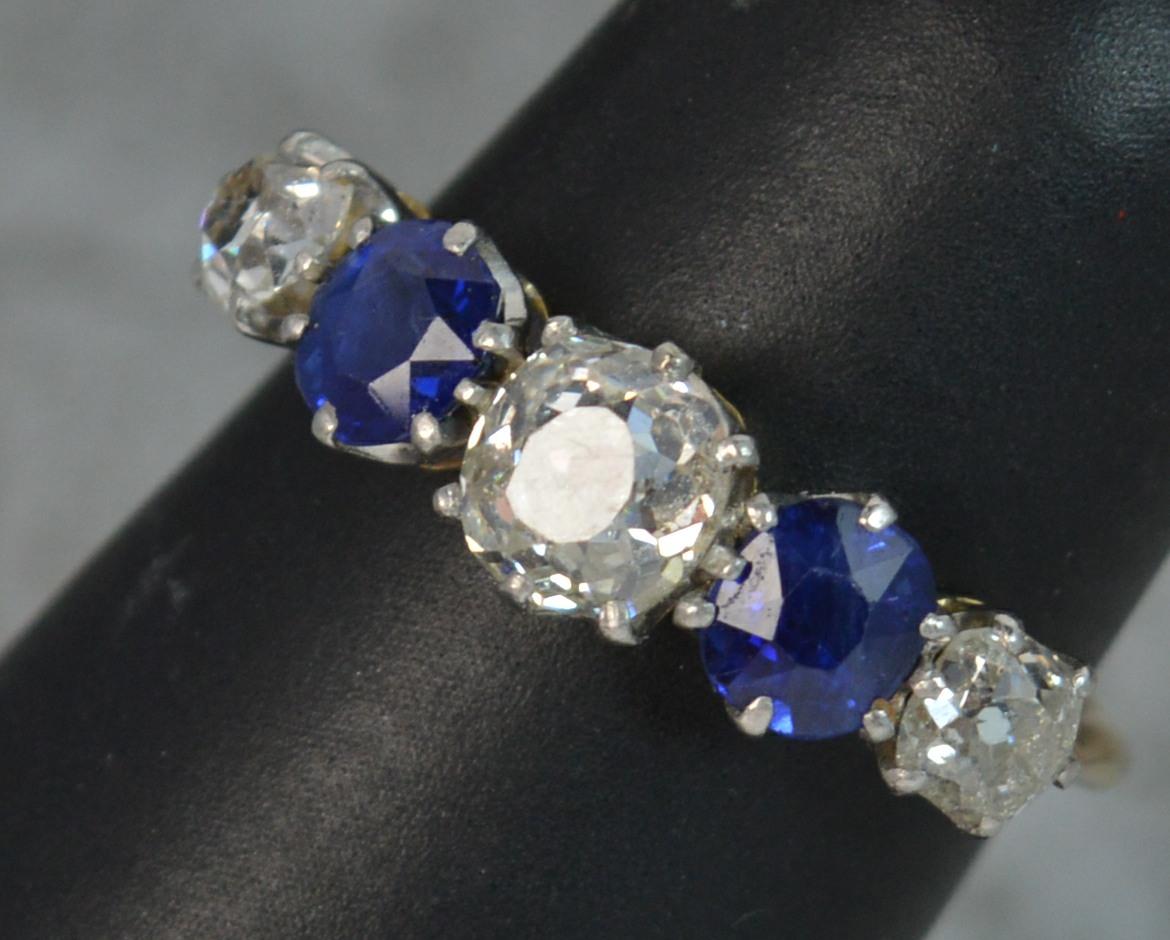 Victorian 1.2 Carat Old Cut Diamond Sapphire 18 Carat Gold Five-Stone Stack Ring 8
