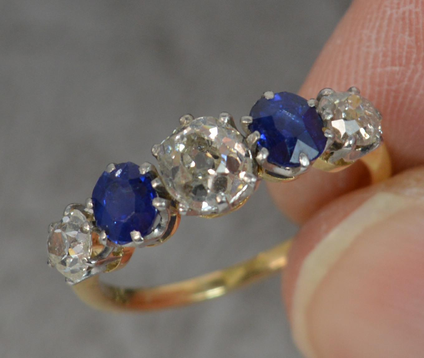 Victorian 1.2 Carat Old Cut Diamond Sapphire 18 Carat Gold Five-Stone Stack Ring 9
